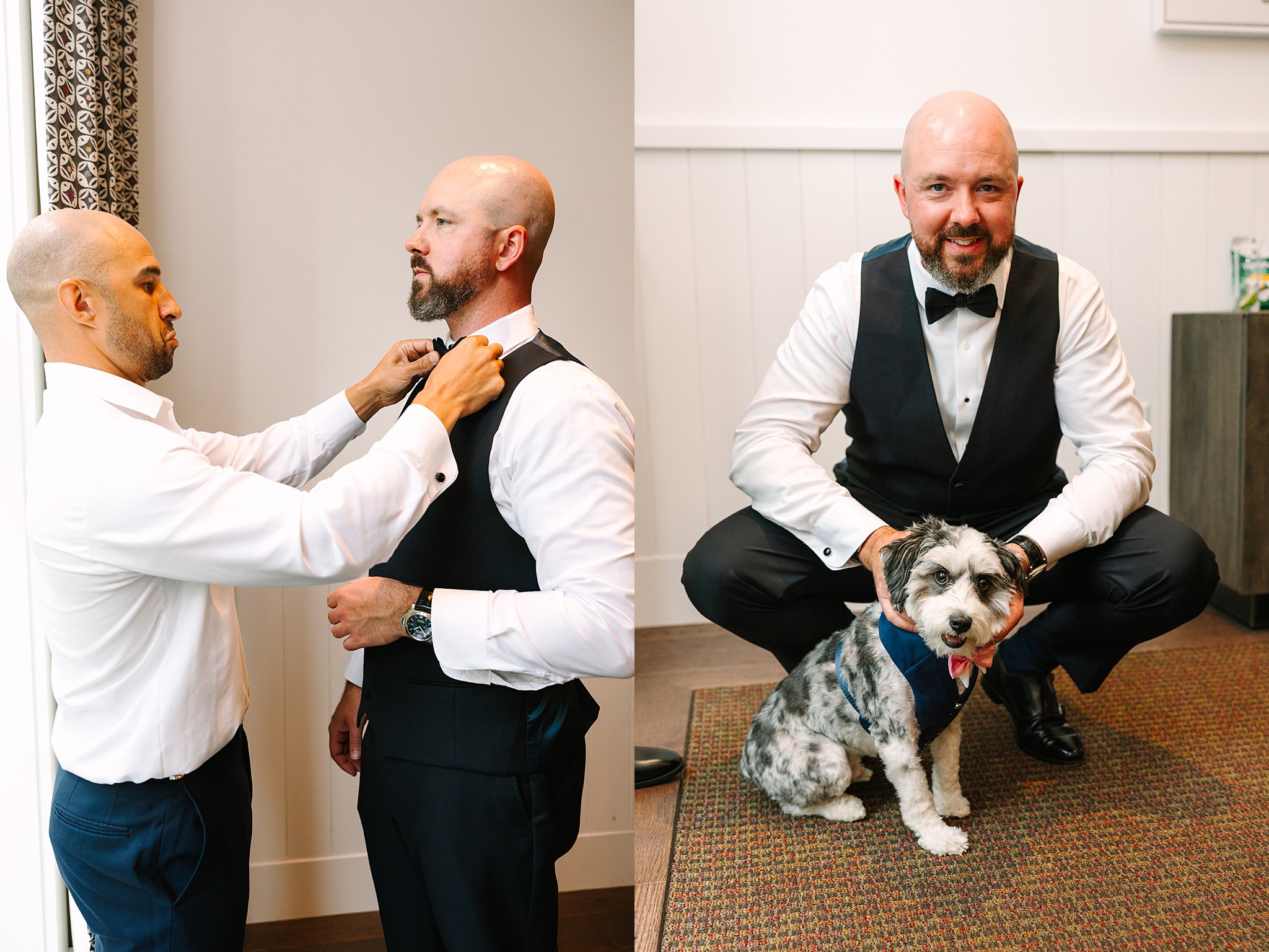 A man in formal attire gets help adjusting his tie in one photo, while in the other, he crouches and smiles beside a small gray and white dog wearing a bow tie.