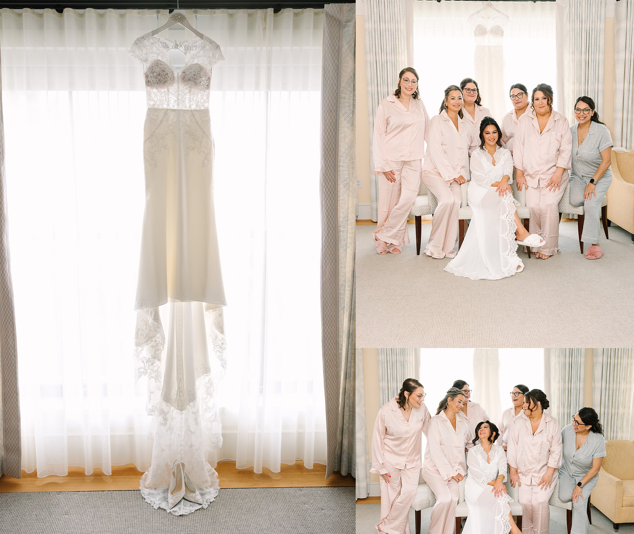 A collage shows a white lace wedding dress hanging in front of a window, and two photos of a bride in a robe sitting with her bridesmaids all wearing matching pink pajamas, laughing and smiling together.