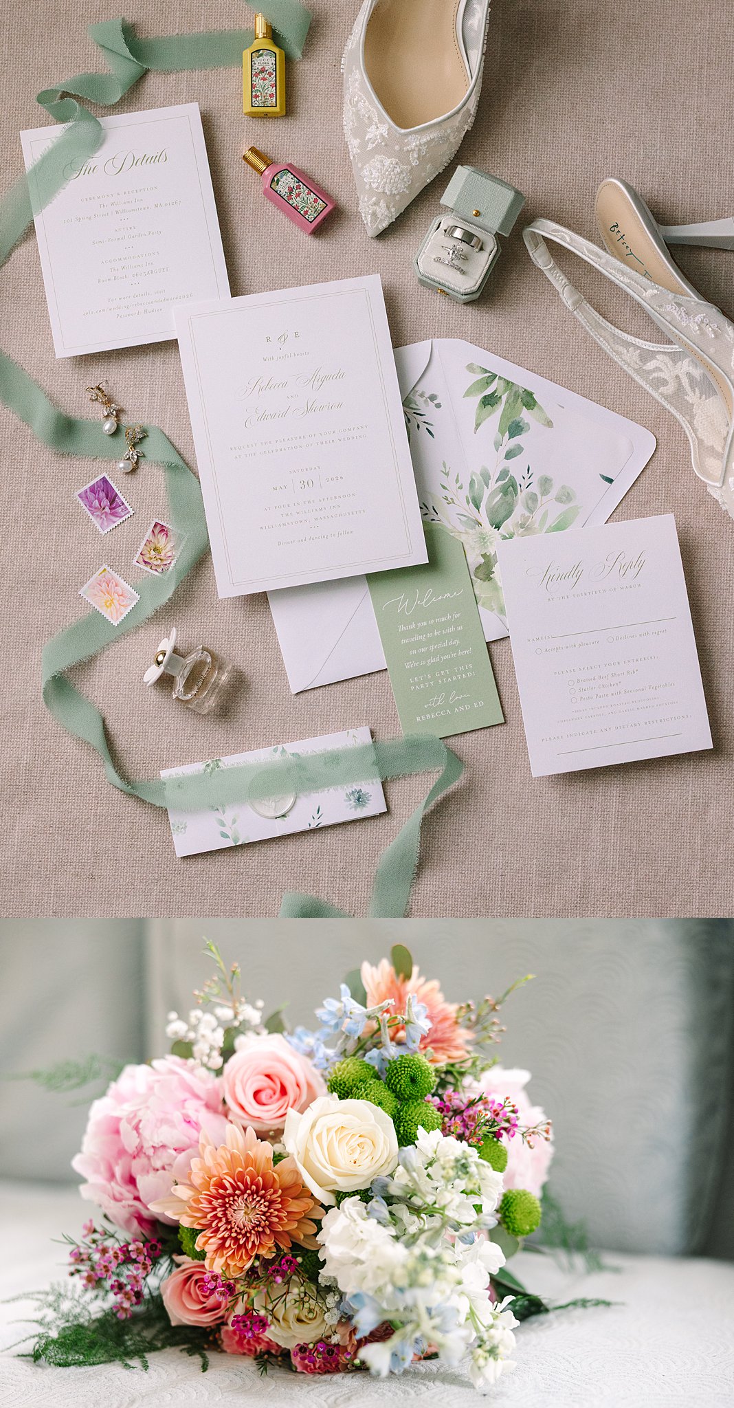 Wedding stationery, perfume, jewelry, lace shoes, and green ribbon arranged on a beige surface; below, a colorful bouquet with roses, dahlias, and assorted flowers.