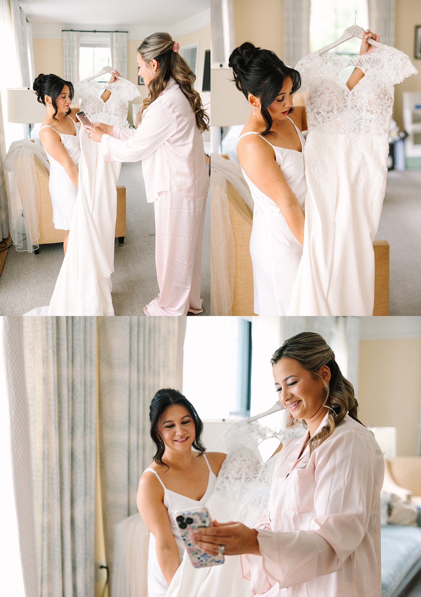 Two women smile and admire a white lace wedding dress. In the lower photo, they look at a phone together, possibly taking a selfie or viewing a picture, in a bright room with large windows and light-colored curtains.