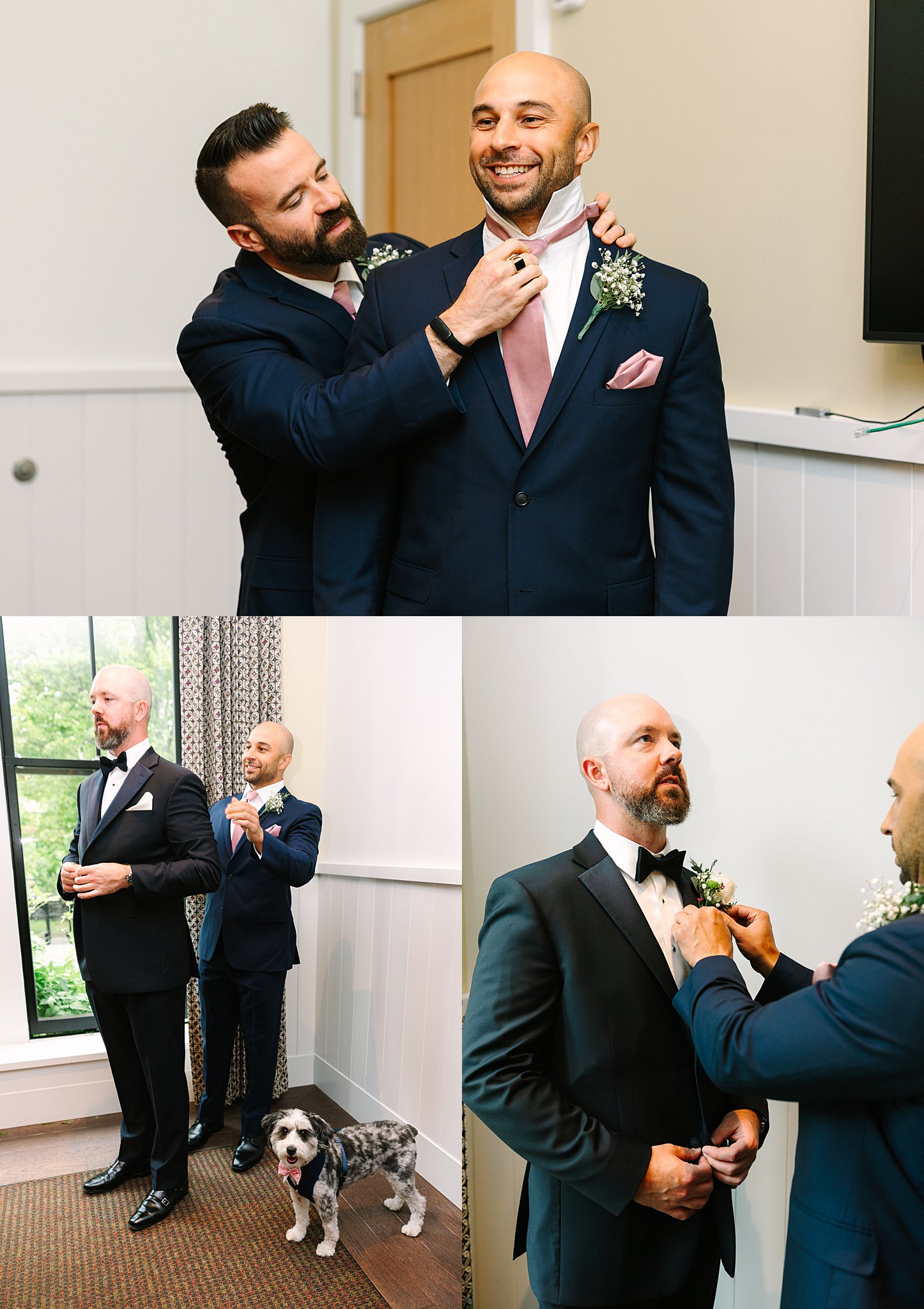 A man helps another man adjust his bow tie and collar in a room; in one image, a dog stands by their side. Both men are dressed in tuxedos with boutonnieres, preparing for a formal event.