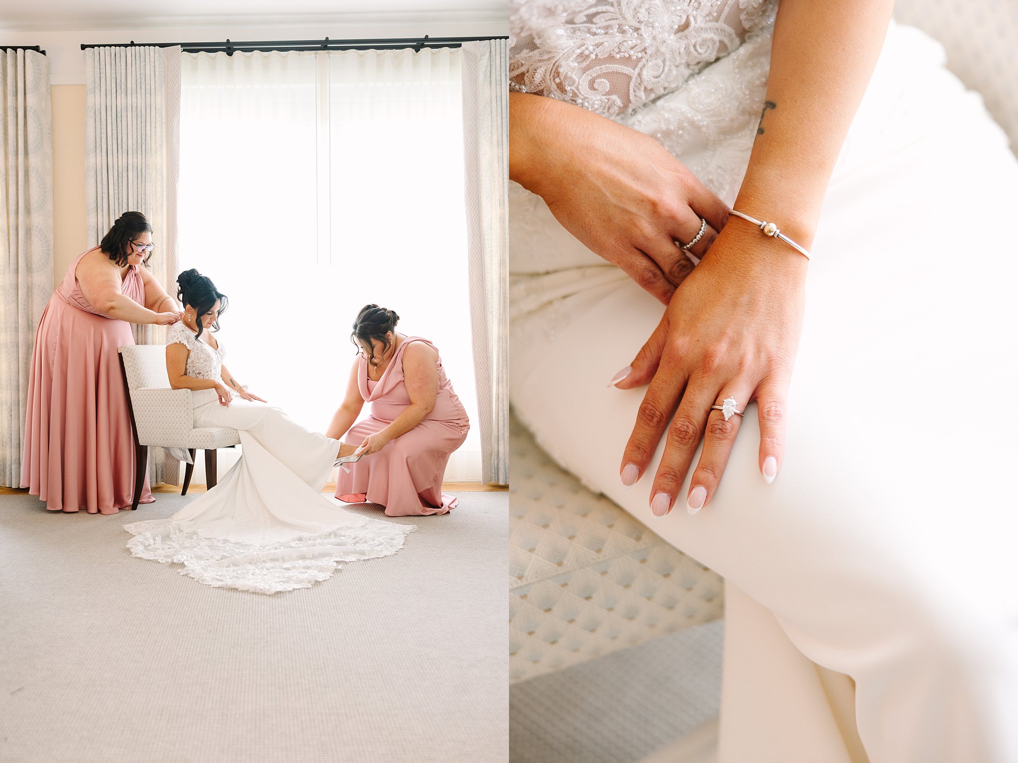 A bride in a white gown sits as two bridesmaids in blush dresses help her get ready; a close-up shows her hands with a bracelet and an engagement ring resting on her lap.