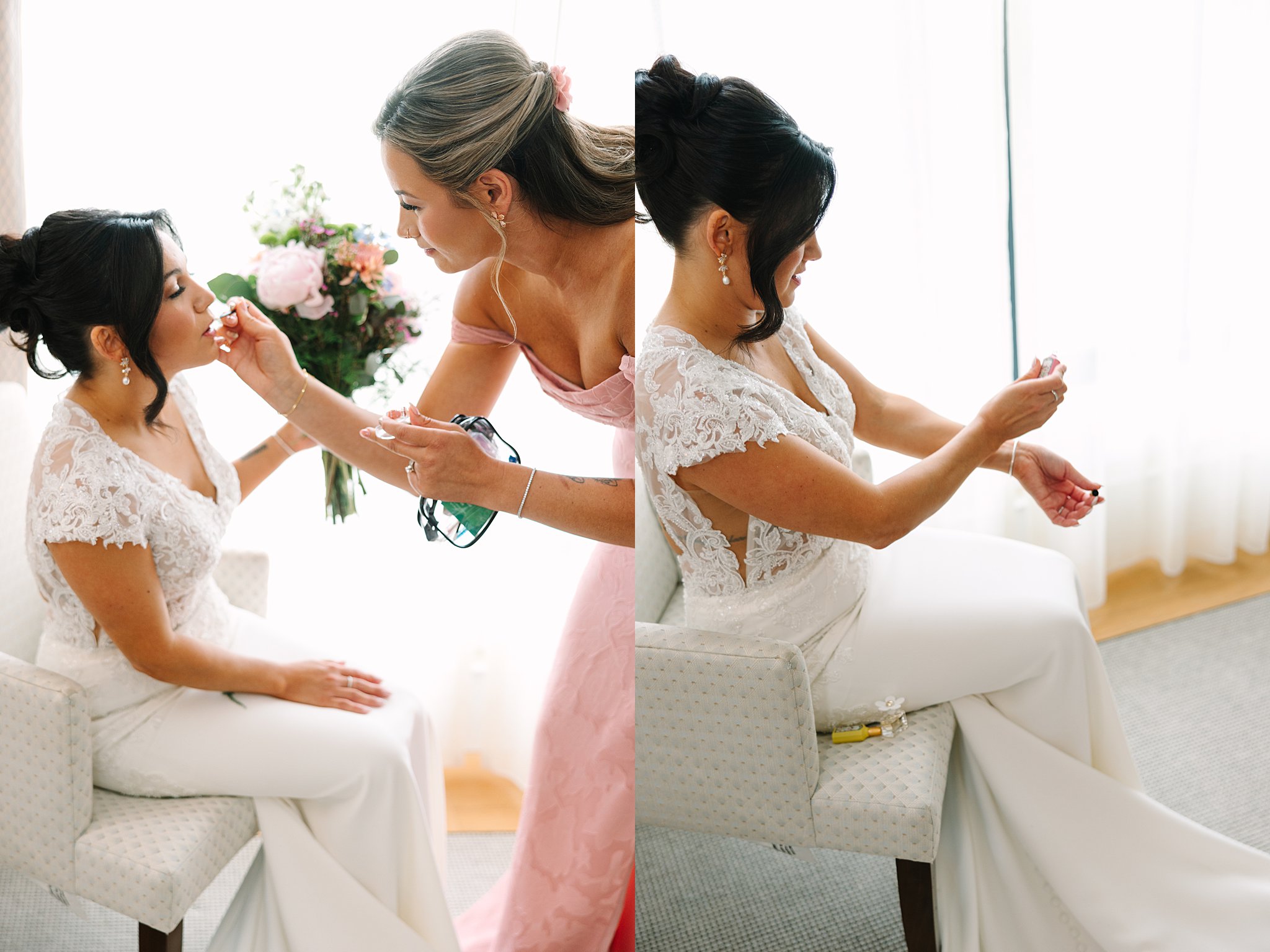 A bride in a lace wedding gown sits on a chair while a bridesmaid in a pink dress applies makeup. In the next frame, the bride sprays perfume on her wrist, preparing for her wedding day.