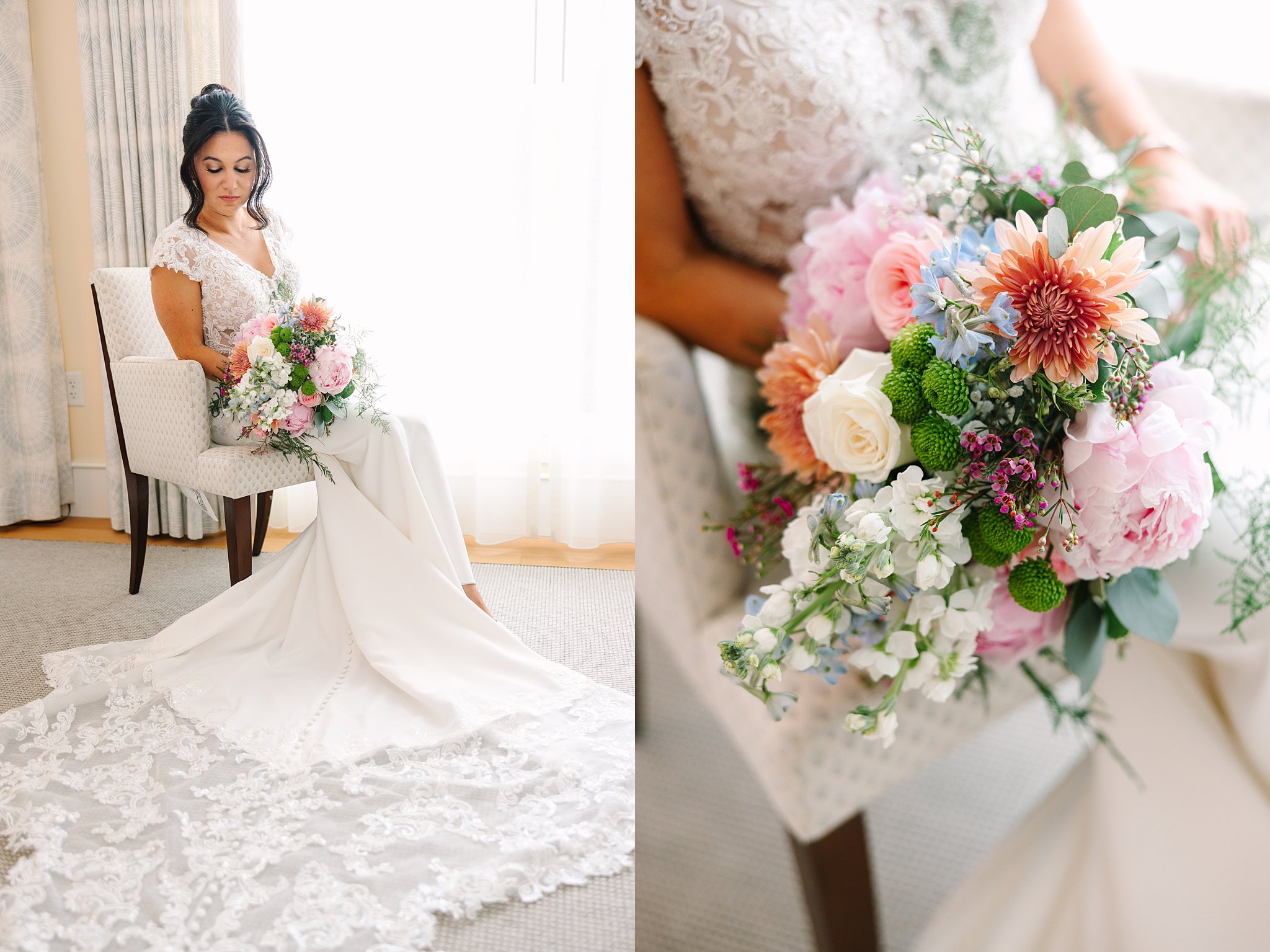 A bride in a white gown with a long lace train sits on a chair, holding a colorful bouquet of flowers. The right side shows a close-up of the bouquet with pink, peach, and purple blooms and greenery.