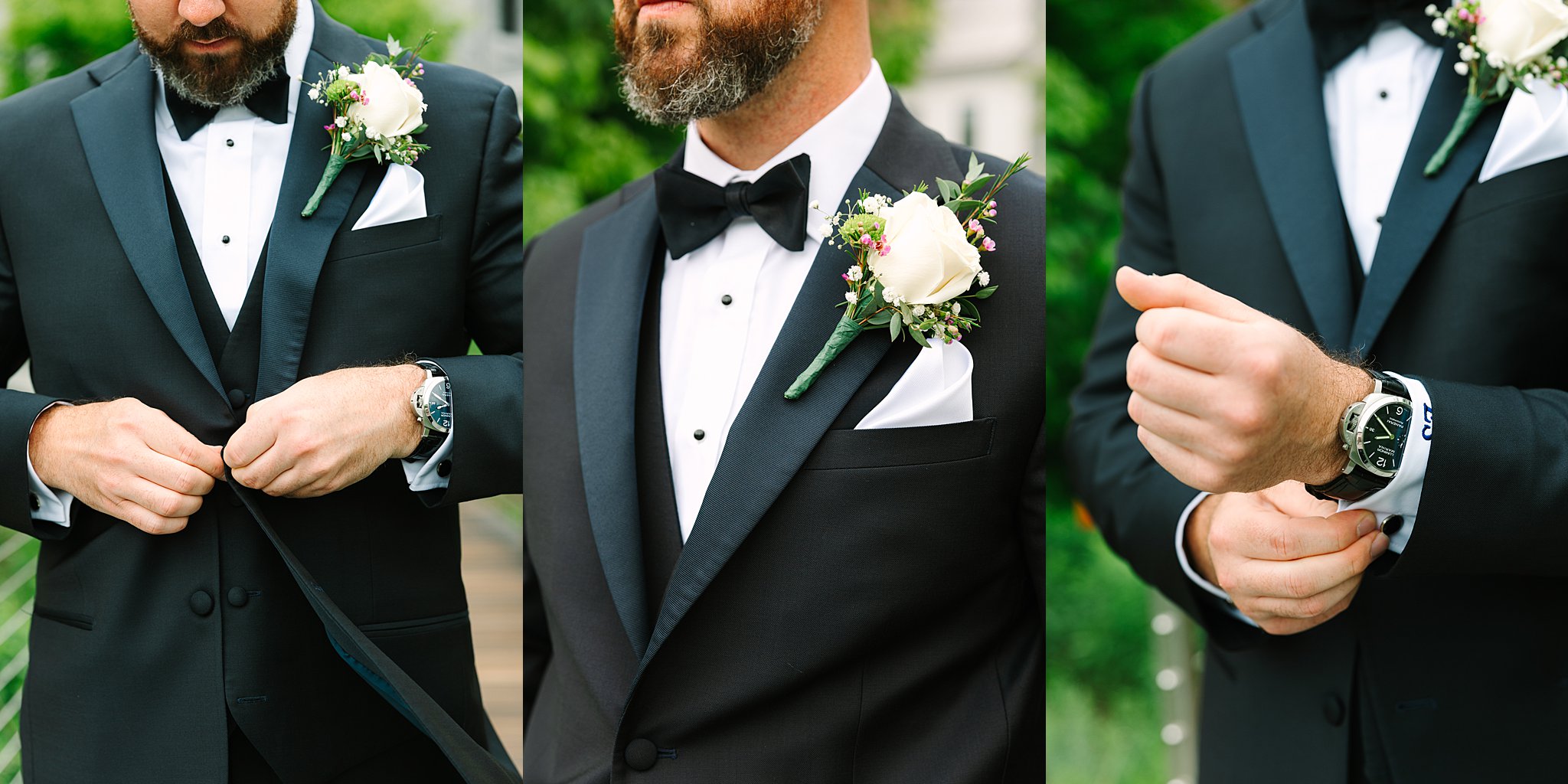 A man in a black tuxedo with a white rose boutonniere is shown adjusting his jacket and sleeves, highlighting his formal attire and watch, in an outdoor setting.