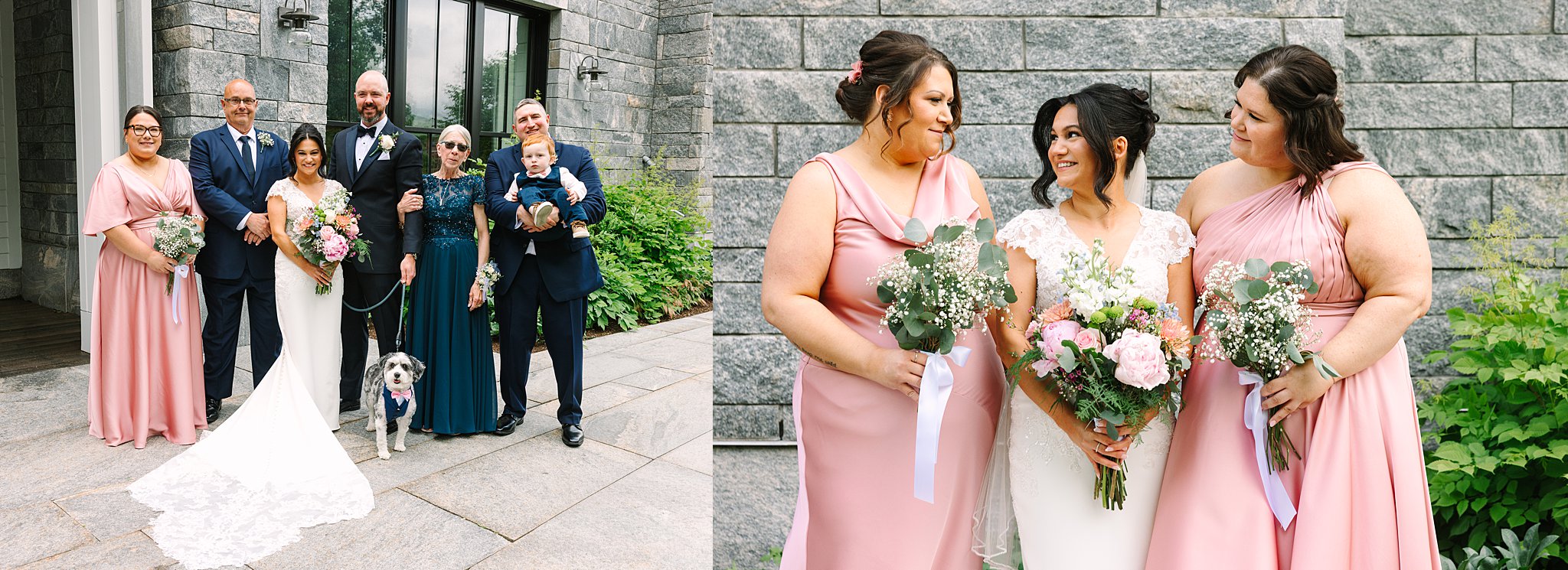 A bride poses outside with her family and a dog, all dressed formally, on the left. On the right, she stands smiling between two bridesmaids in pink dresses, holding bouquets, in front of a stone wall and greenery.