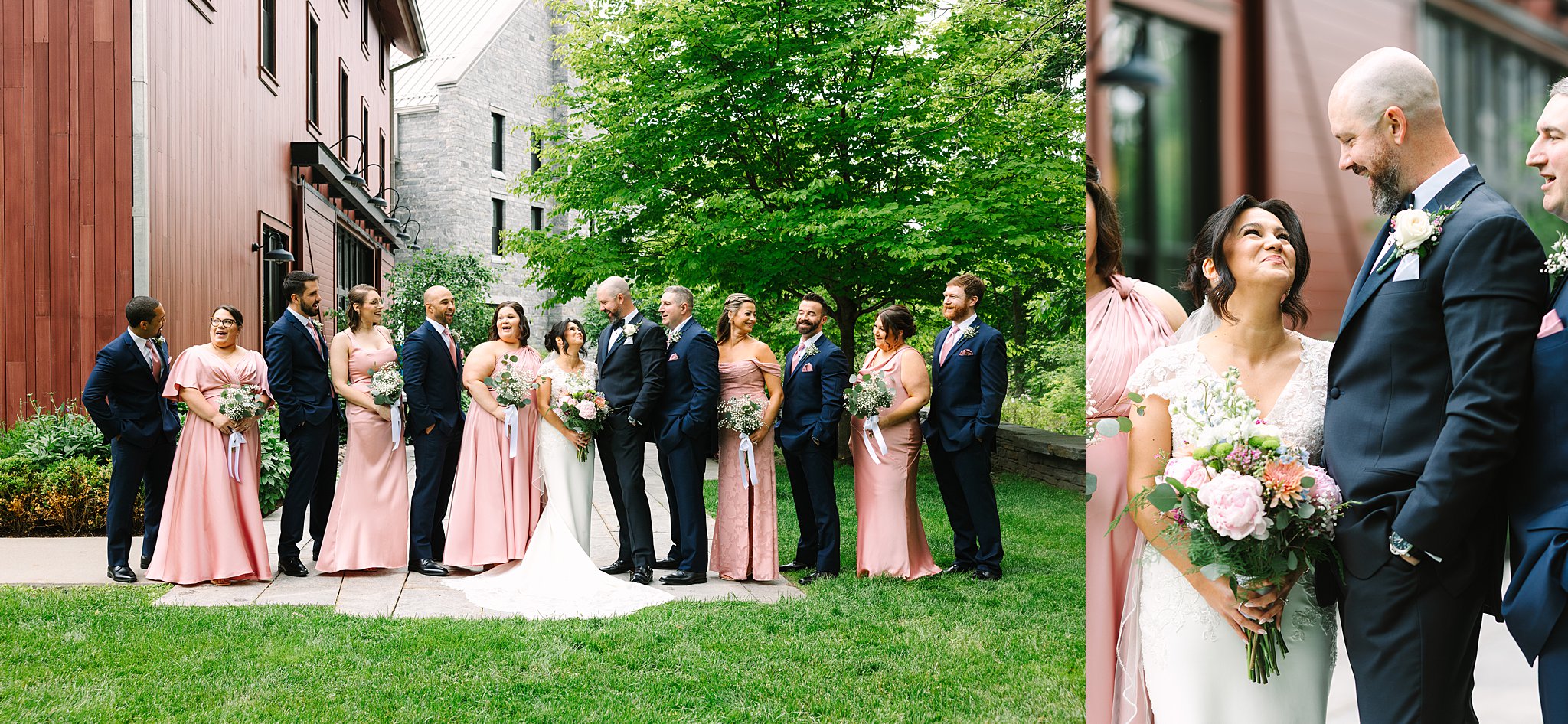 A bride and groom stand outdoors with their wedding party. The bridesmaids wear pink dresses, and the groomsmen wear navy suits. Everyone is smiling and laughing. On the right, a close-up shows the bride and groom smiling at each other.