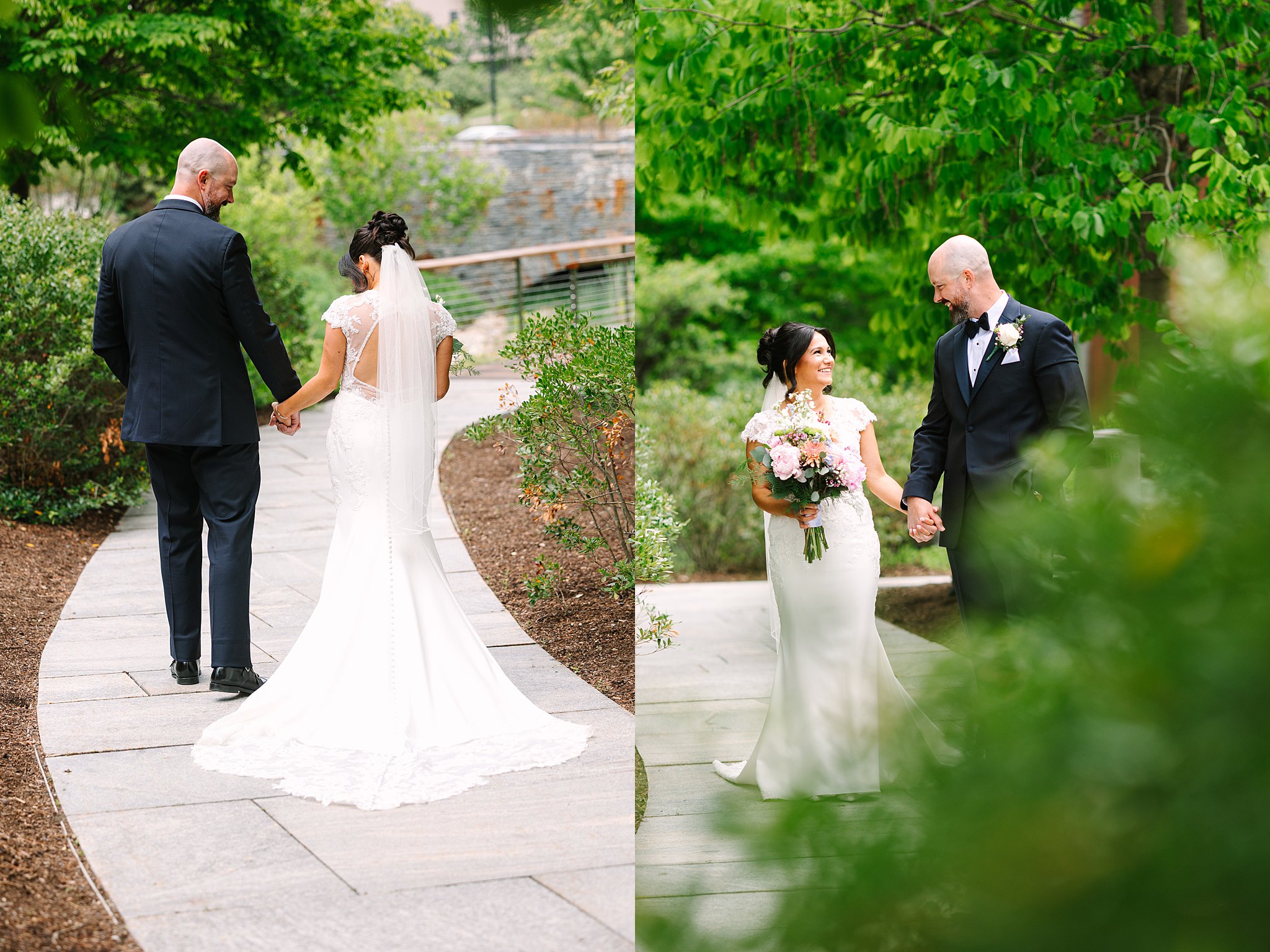Two photos of a bride and groom walking outside on a garden path. In one, they walk away holding hands. In the other, they face each other, smiling, holding hands and a bouquet, surrounded by greenery.