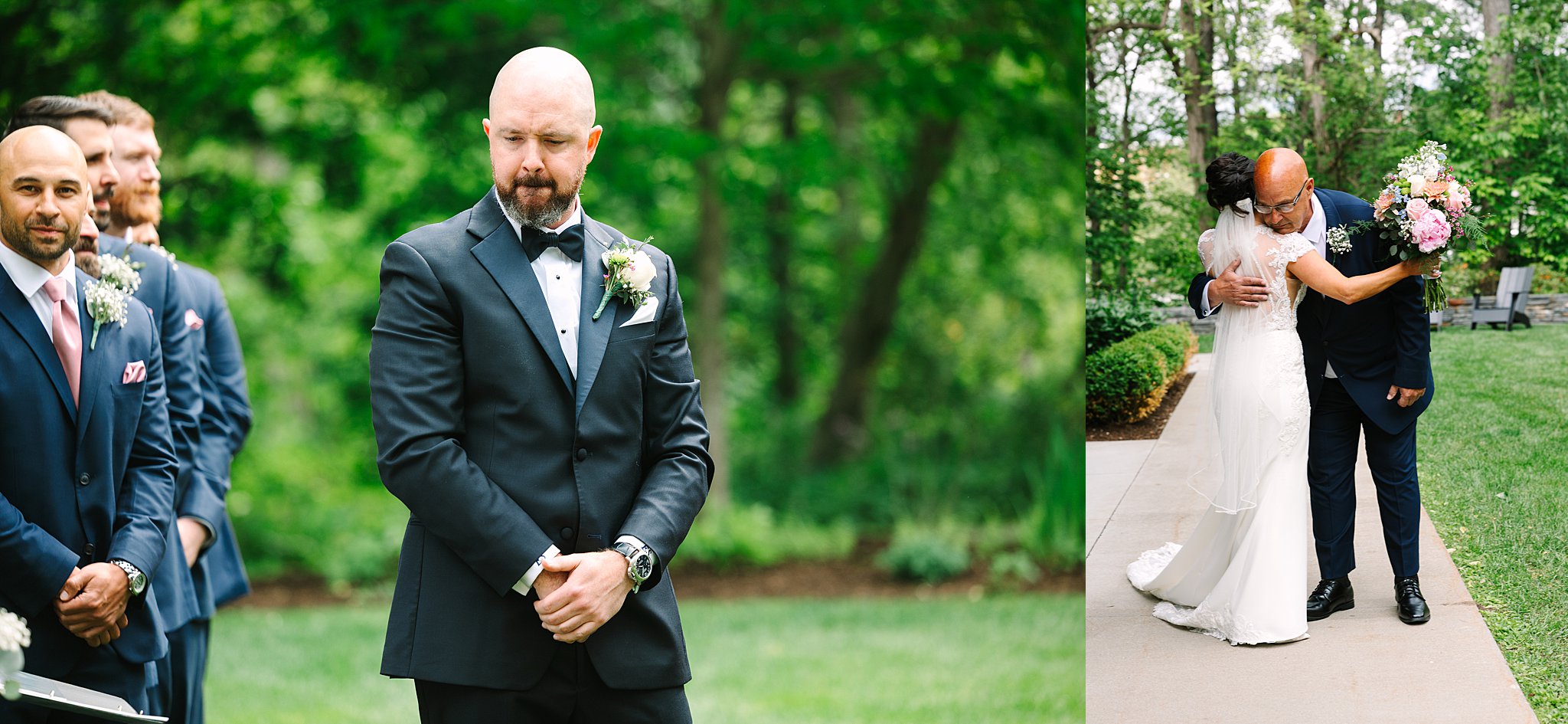 A groom in a black tuxedo stands emotionally with groomsmen behind him outdoors; nearby, a bride hugs a man in a navy suit while holding a bouquet. The scene is set in a lush, green garden.