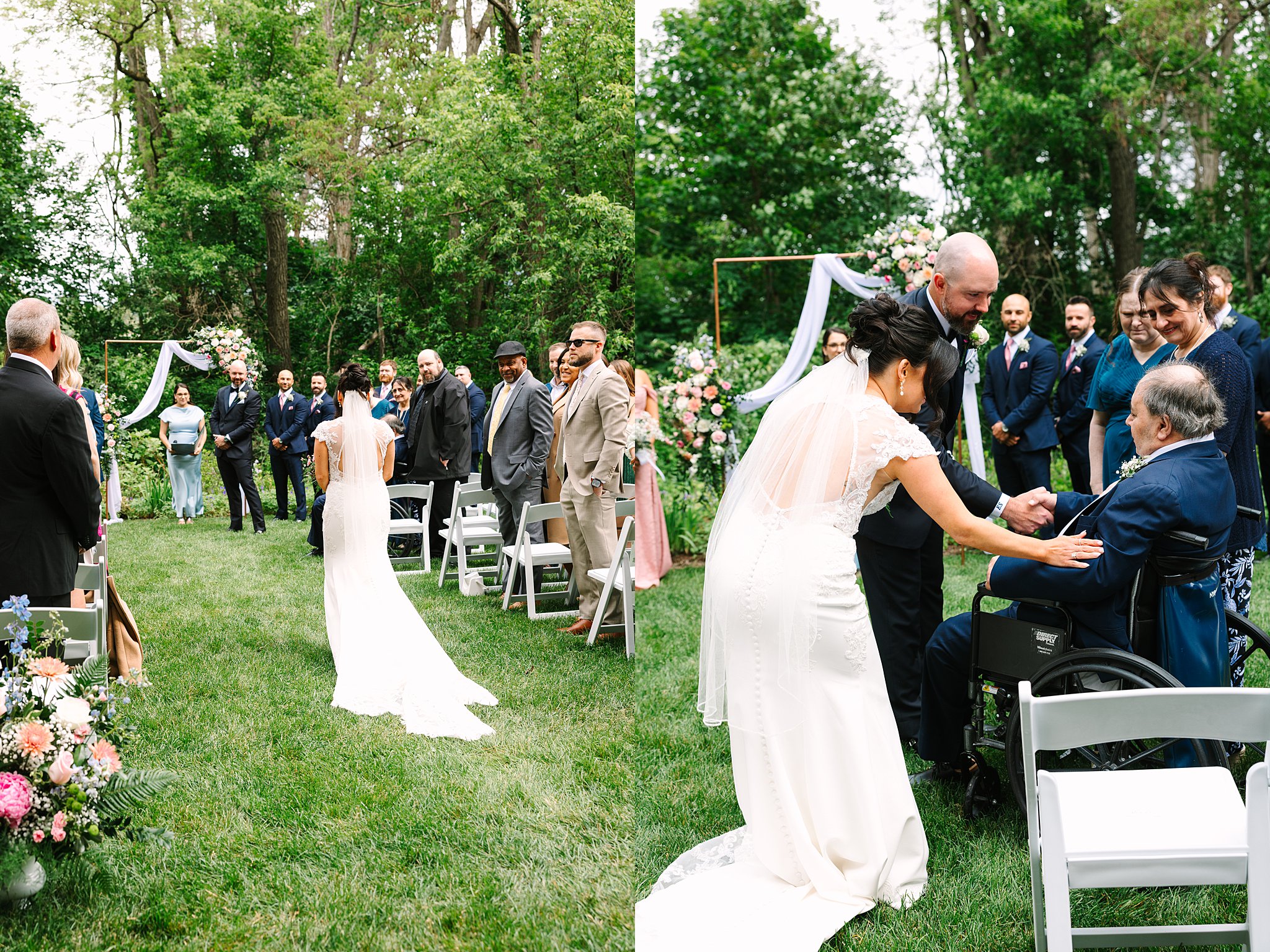 A bride in a white dress walks down an outdoor aisle toward the groom and guests. In a second image, she greets an older man in a wheelchair, surrounded by smiling family and friends on a lush green lawn.