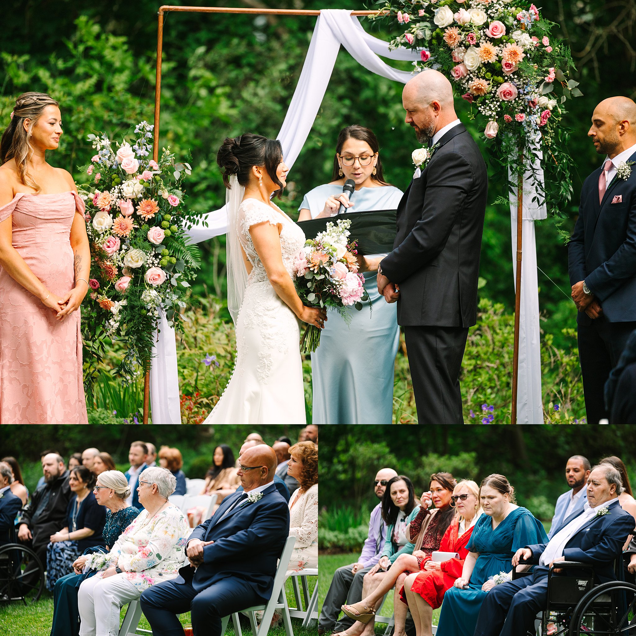 A bride and groom stand at an outdoor wedding altar with a floral arch, exchanging vows. Guests, including elderly and family members, sit and watch attentively in the foreground.