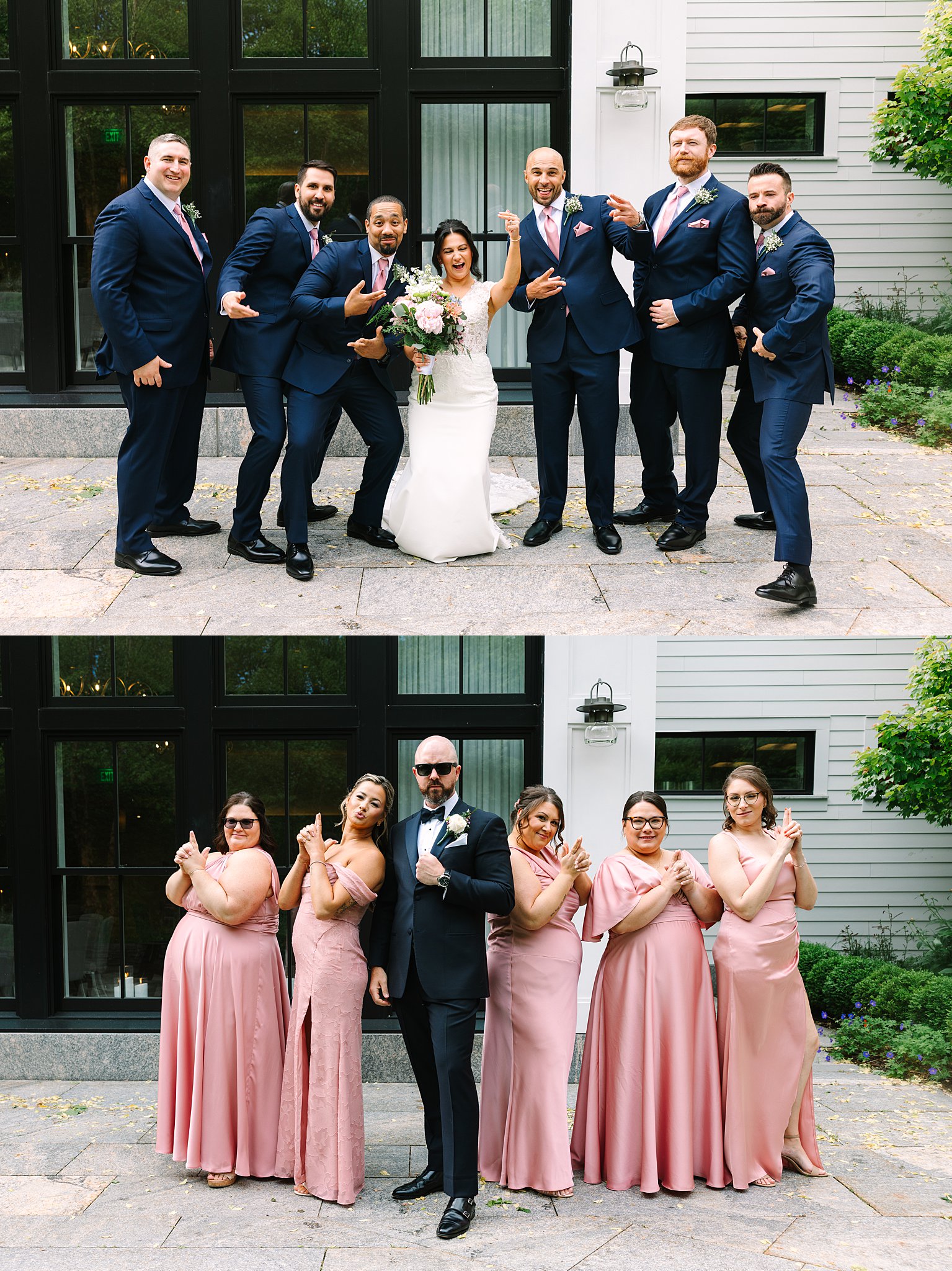 Two wedding party groups pose for playful photos outside. The top image shows a bride with five men in blue suits; the bottom shows a groom with five women in pink dresses, all making finger-gun gestures and smiling.