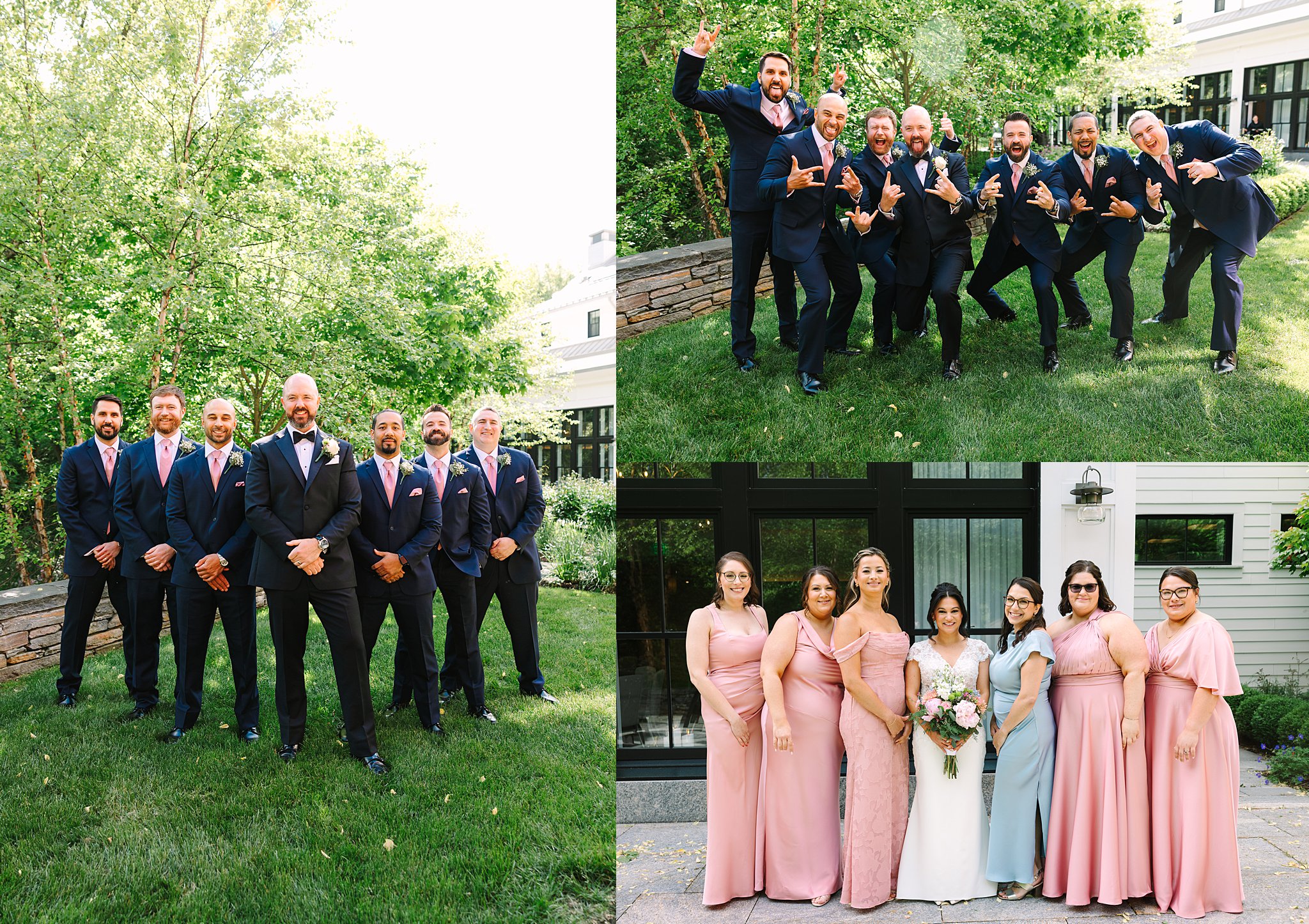A collage of wedding photos shows groomsmen in dark suits posing together on grass, some with playful gestures, and bridesmaids in pink dresses standing by the bride in a white gown holding a bouquet.