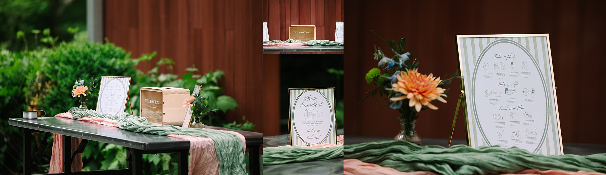 A wedding welcome table outdoors with a sign, a wooden box, a flower arrangement, and green and pink fabric draped across a black table. A close-up shows the sign with event details and a flower beside it.