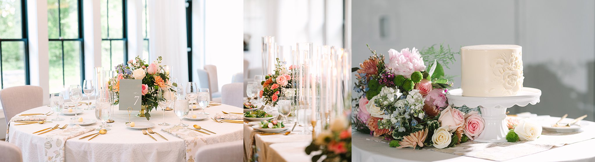 Elegant wedding table settings with floral centerpieces, gold cutlery, and white plates are shown next to a white cake decorated with floral designs, placed beside colorful flowers on a white stand.