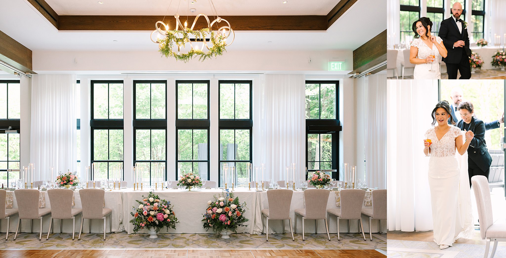 A bright, elegant wedding reception hall with a long table decorated with pink and white flowers, white candles, and beige chairs. Inset photos show a joyful bride and groom entering, raising glasses in celebration.