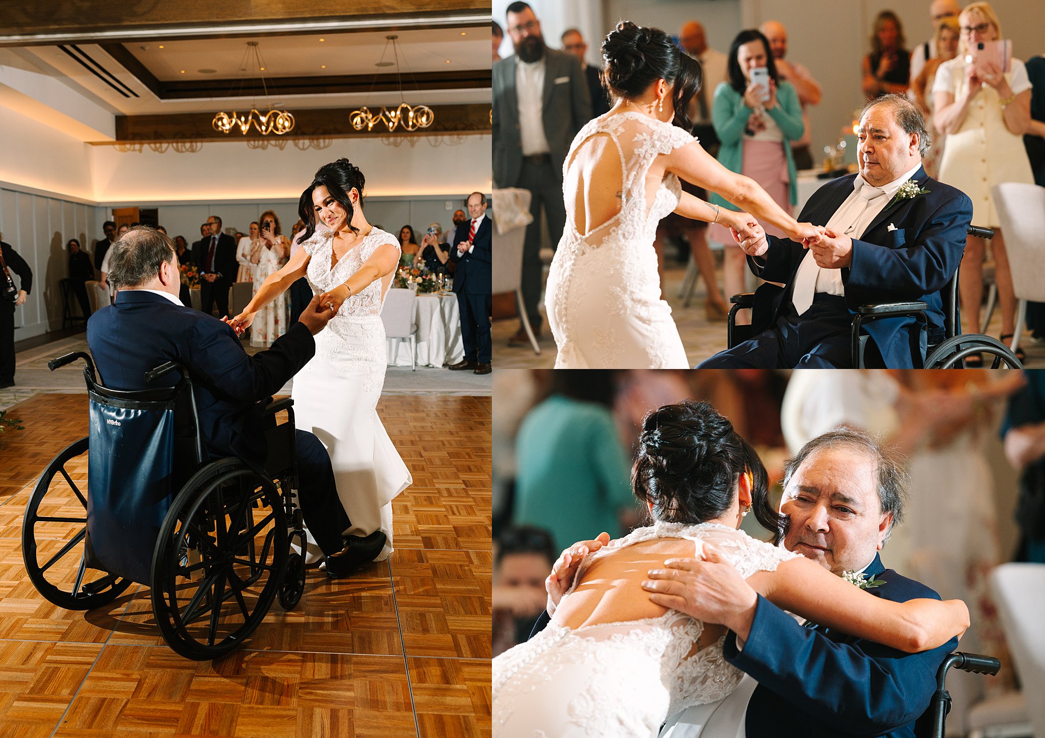A bride in a white dress joyfully dances with her father, who is in a wheelchair, at a wedding reception. Guests watch and take photos. Close-ups show their emotional embrace and smiles.