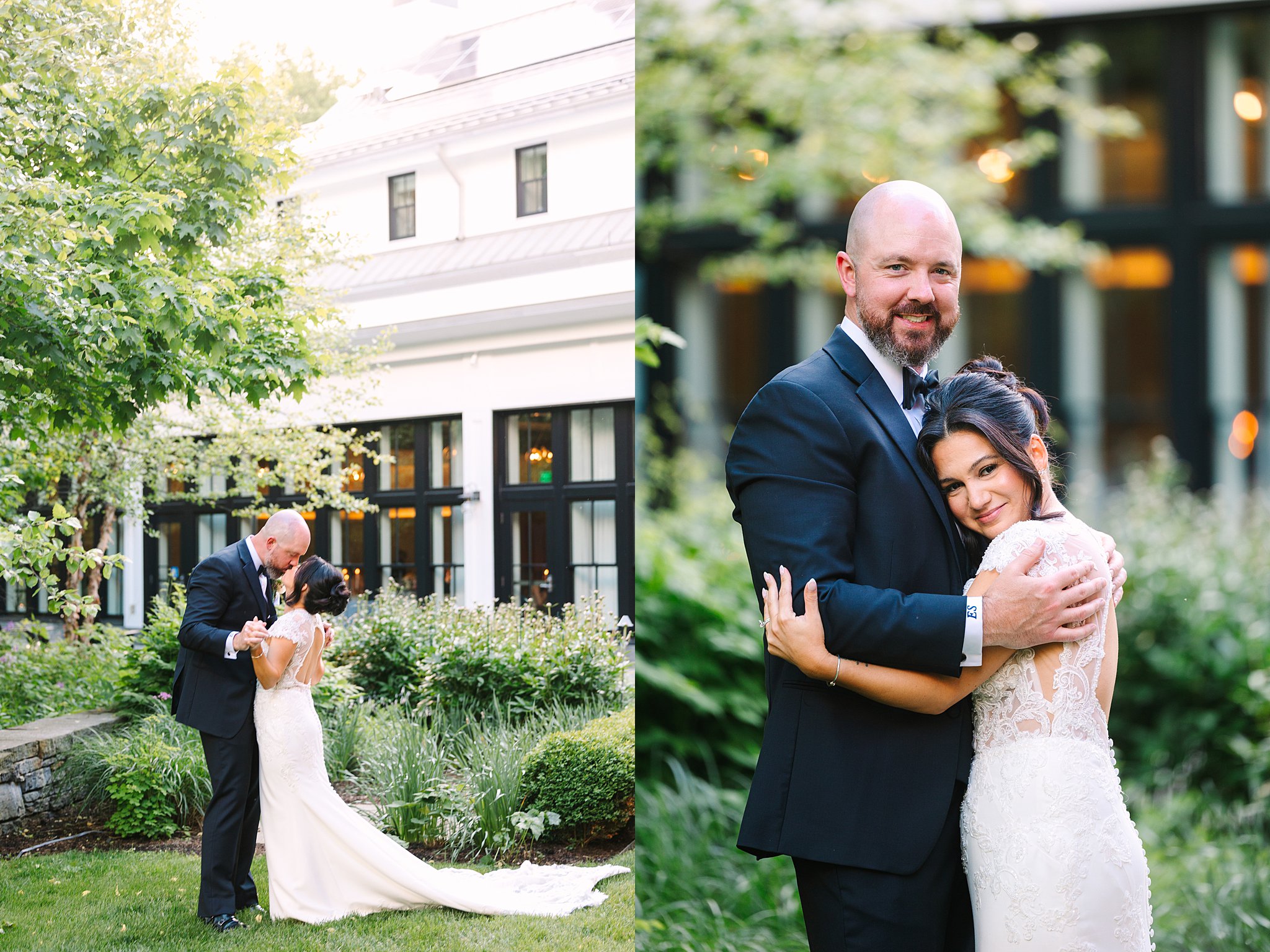 A bride and groom stand together outdoors in a garden; on the left, they share an intimate moment, and on the right, they embrace and smile at the camera, dressed in formal wedding attire.