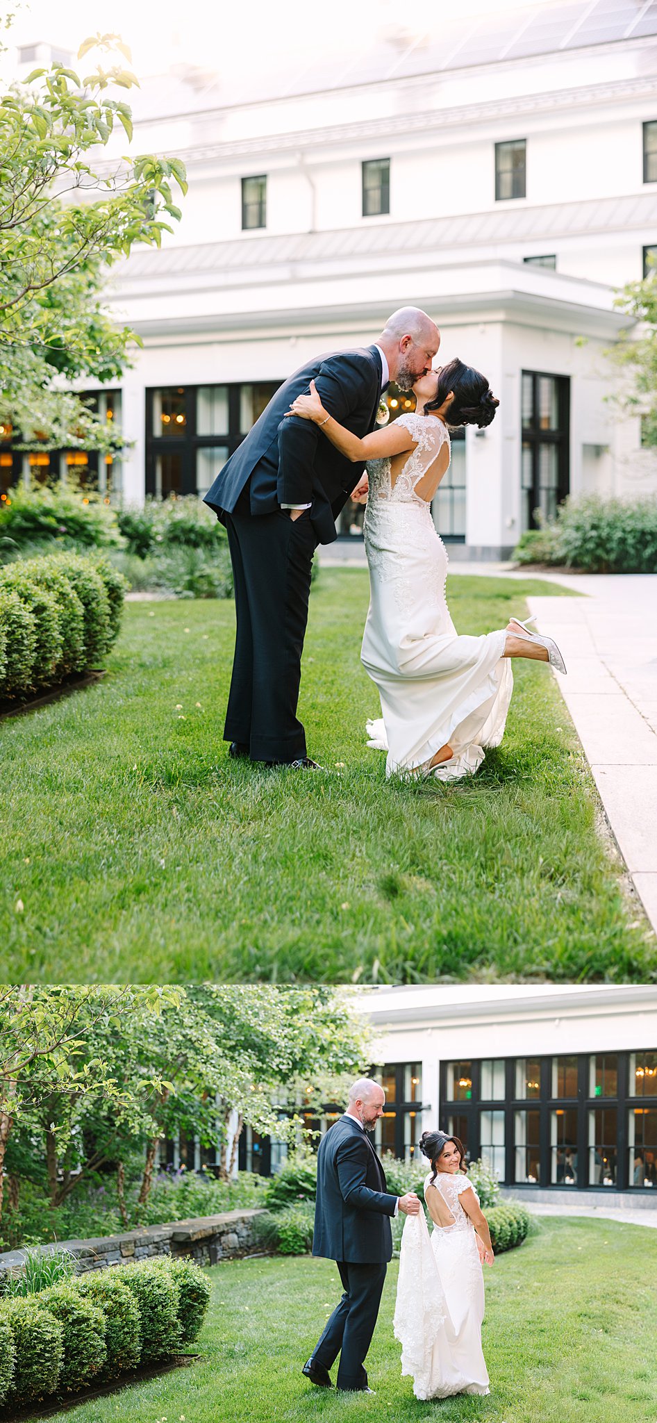 A bride and groom share a joyful moment outside, laughing and hugging in a lush garden with a white building in the background. In the second image, they hold hands and walk together on the grass.