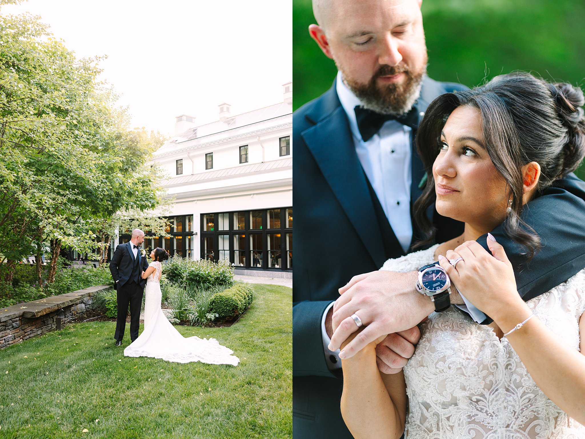 A bride and groom stand together on a lawn by a building; in a close-up, the groom embraces the bride from behind, both dressed in formal wedding attire, with lush greenery in the background.