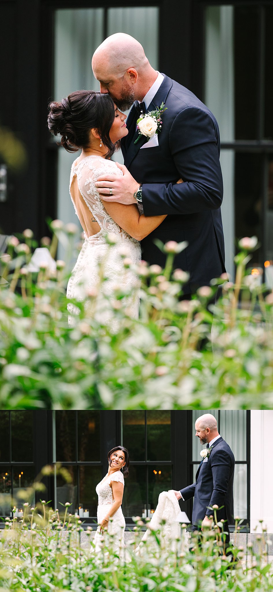 A bride and groom embrace and share a kiss outdoors, surrounded by greenery. In the second image, the bride walks ahead and smiles back as the groom holds her dress, both dressed in wedding attire.