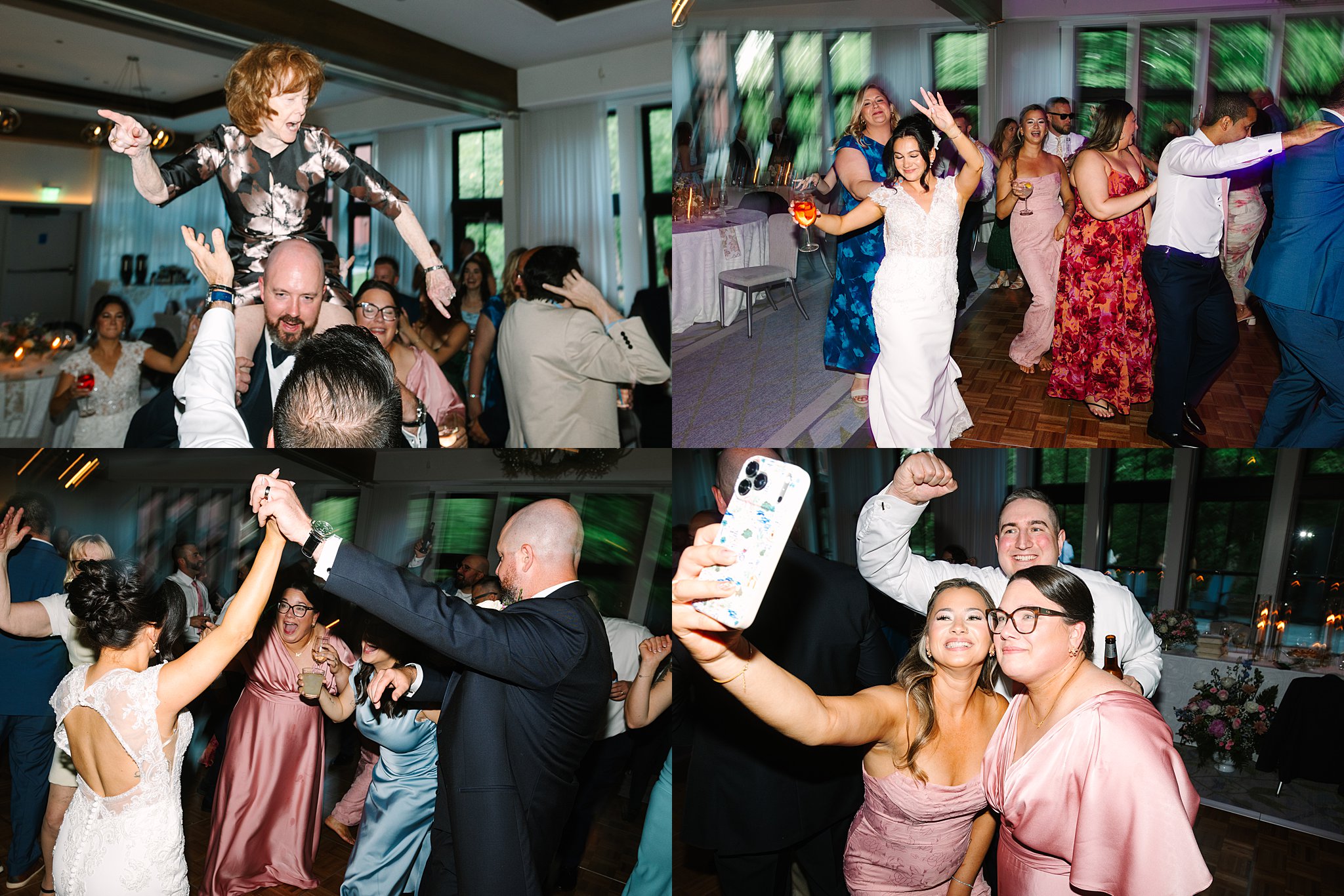 A collage of four photos shows wedding guests dancing, celebrating, taking selfies, and having fun at a lively indoor reception. The room is decorated elegantly, and everyone appears joyful and energetic.