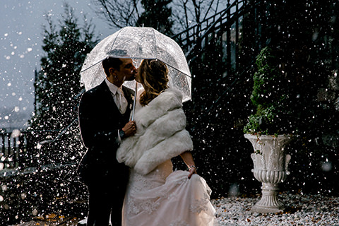 night photo in the snow after wedding