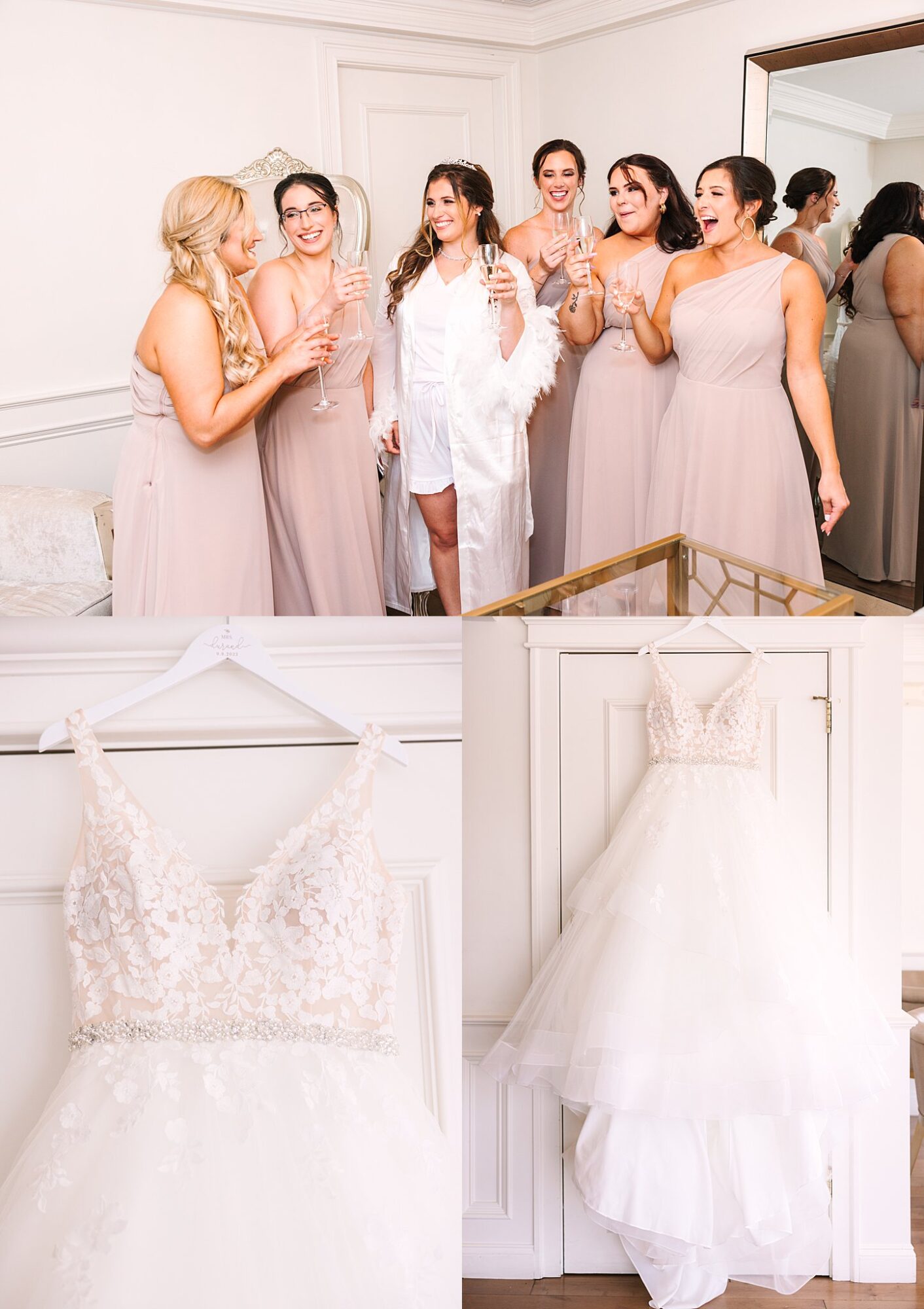 bridesmaids and bride champagne toast at Grand View bridal suite