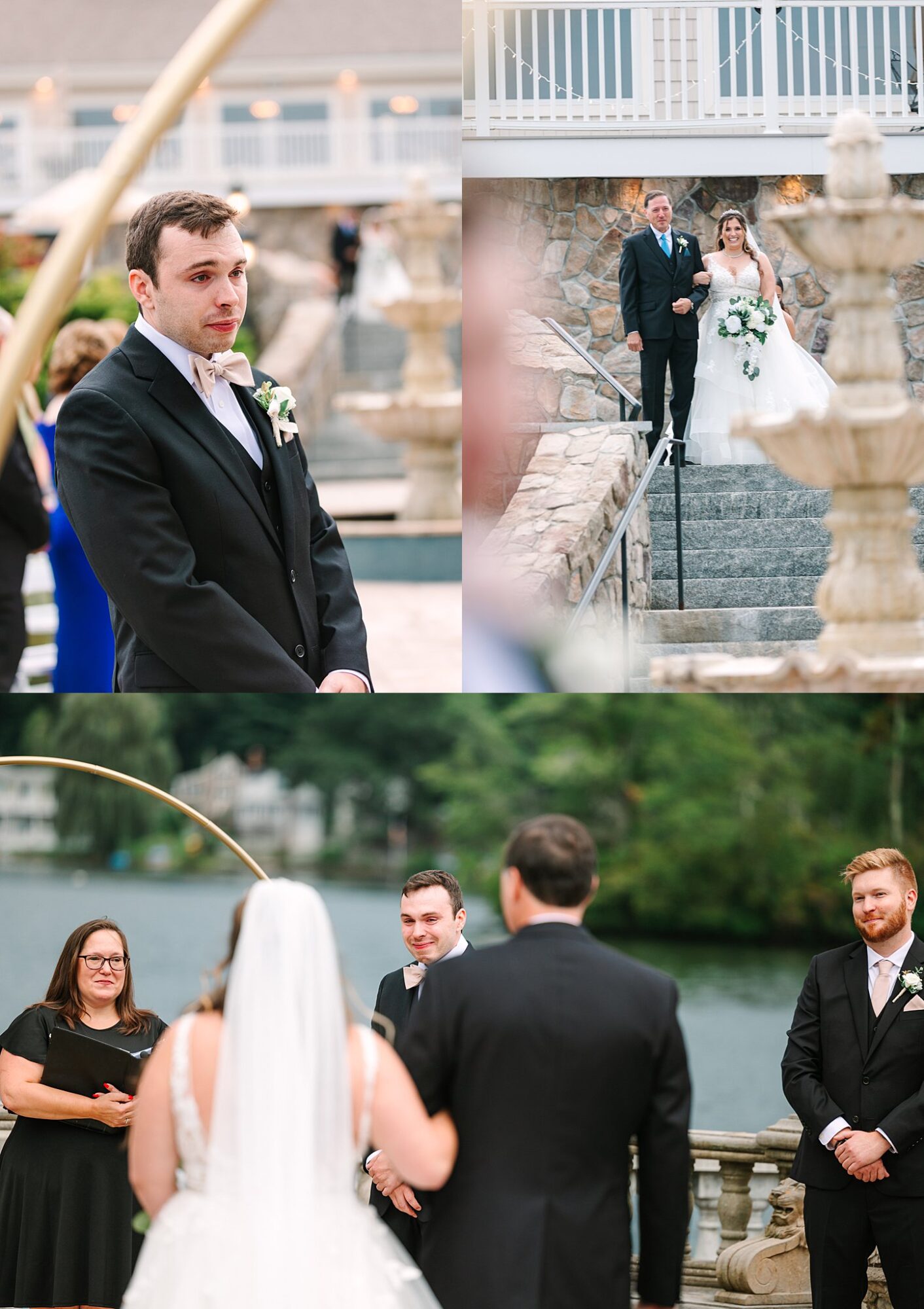 groom first sees bride down aisle at Grand View Mendon