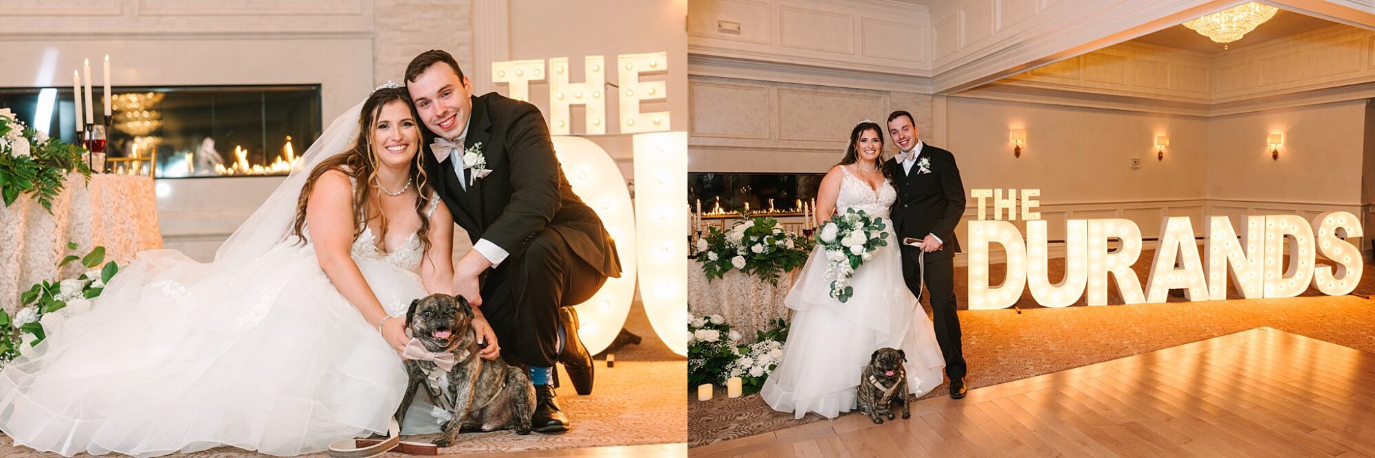 Bride and Groom with their puggle for wedding portraits