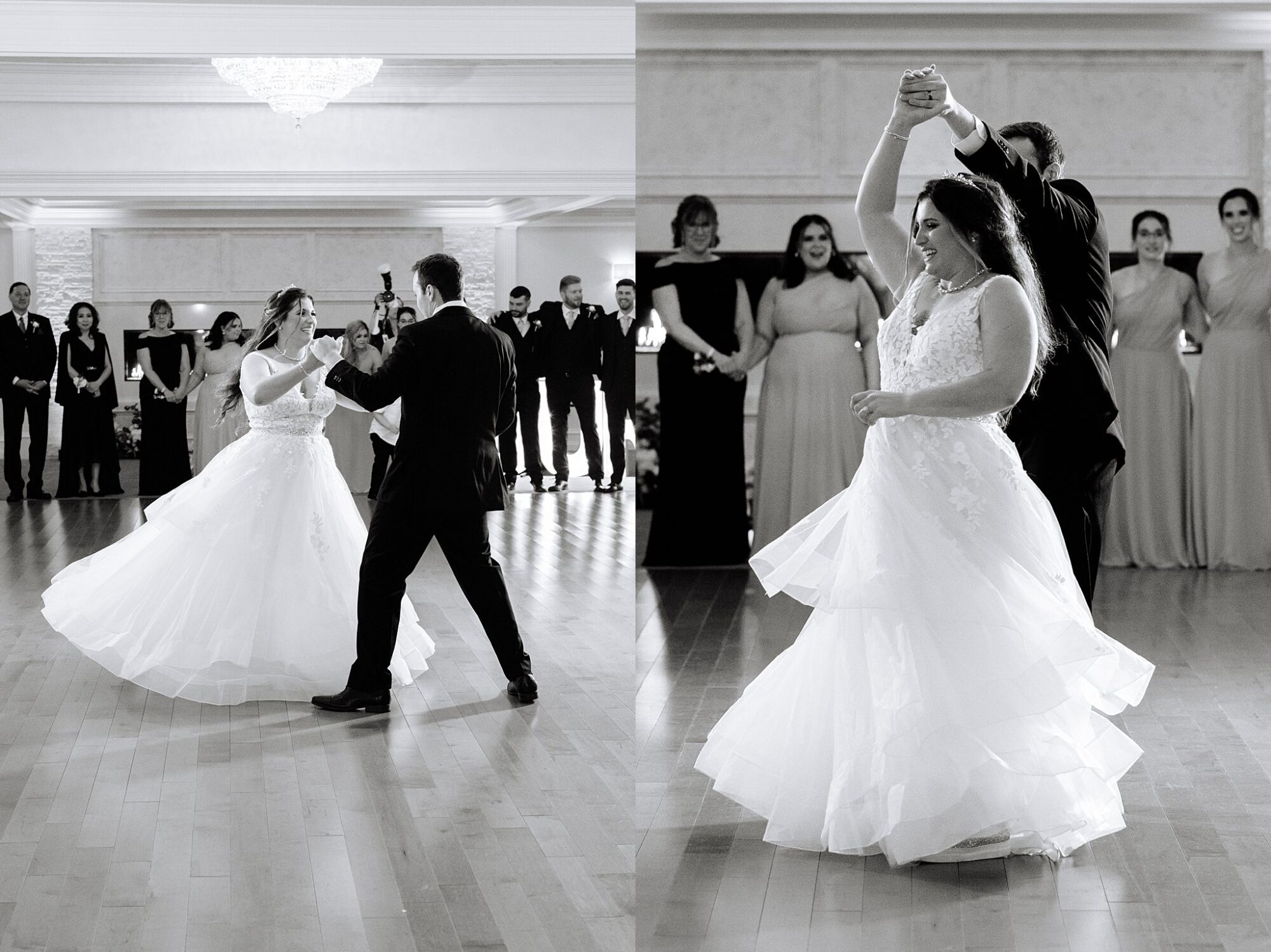 bride and groom first dance black and white photos