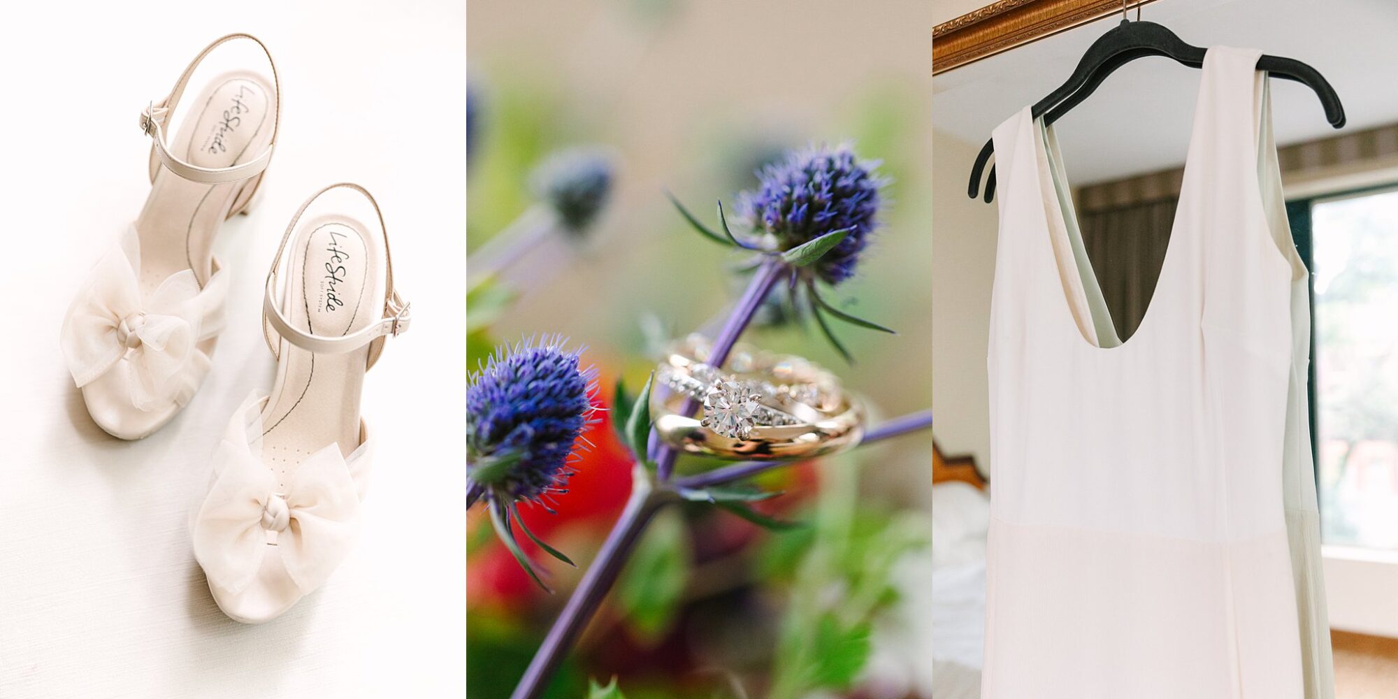 wedding day details with colorful flowers and blue thistle bouquet