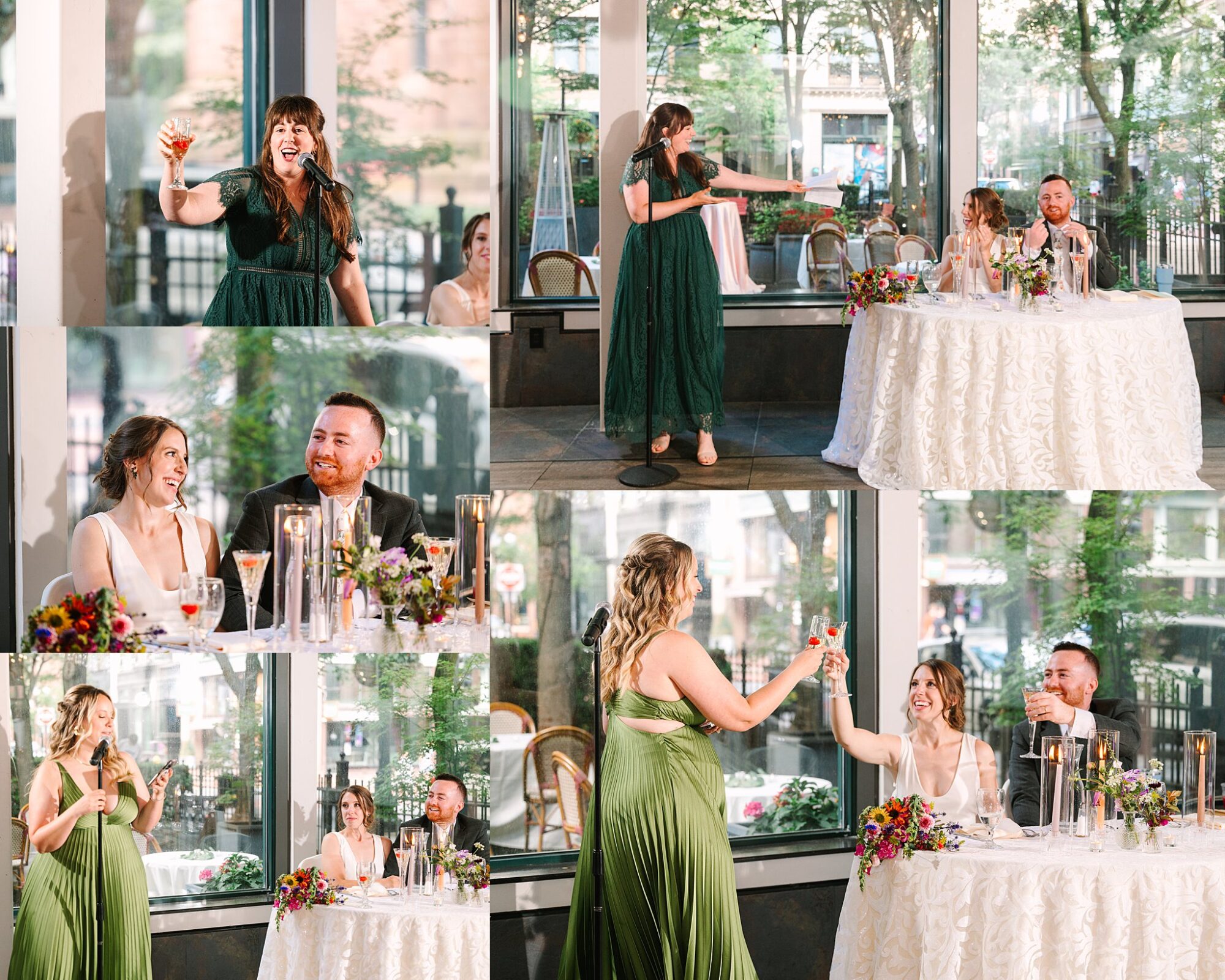toasts by maid of honor in spring green gown at hotel providence 