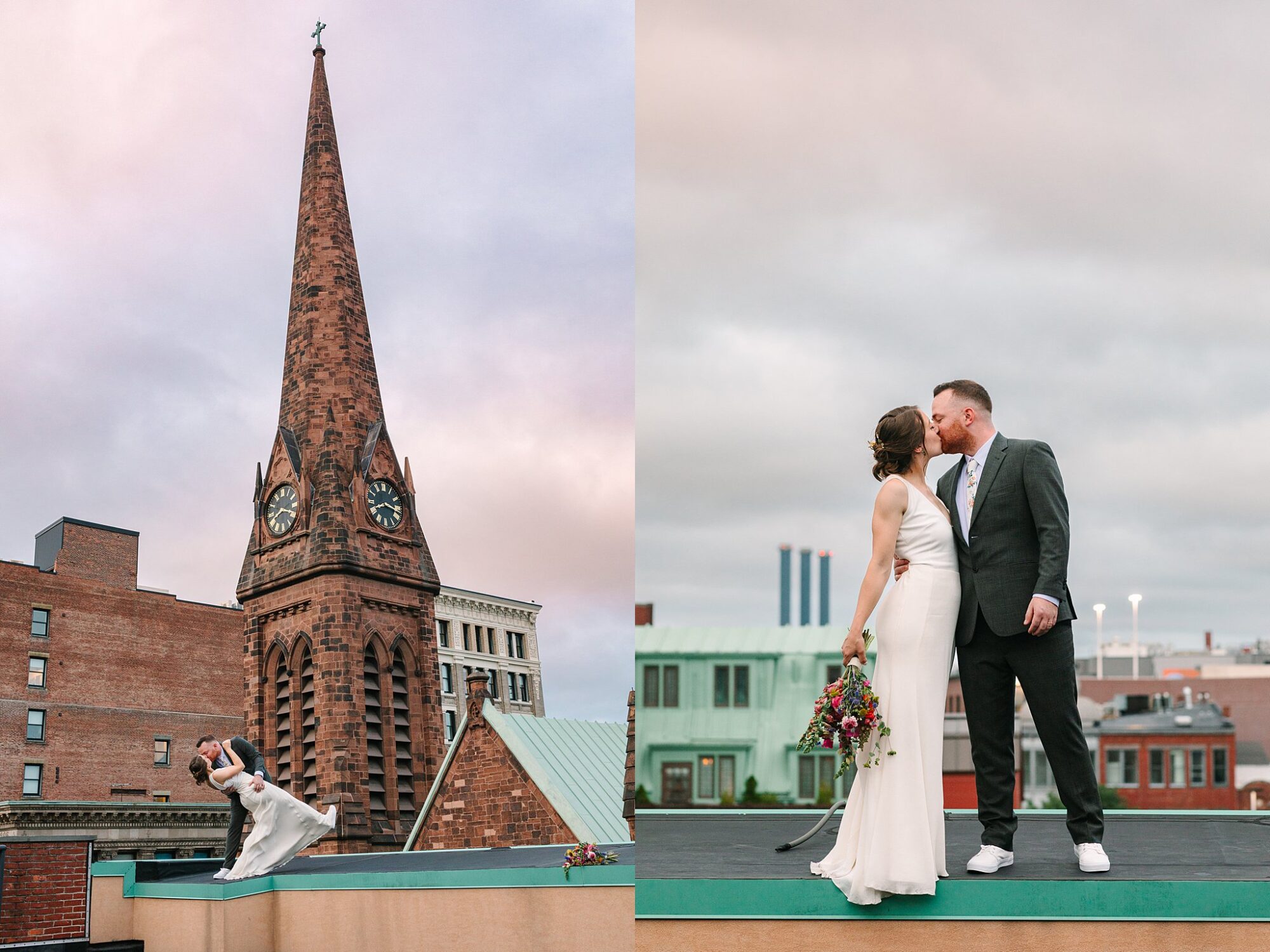 bride and groom dip on providence RI rooftop