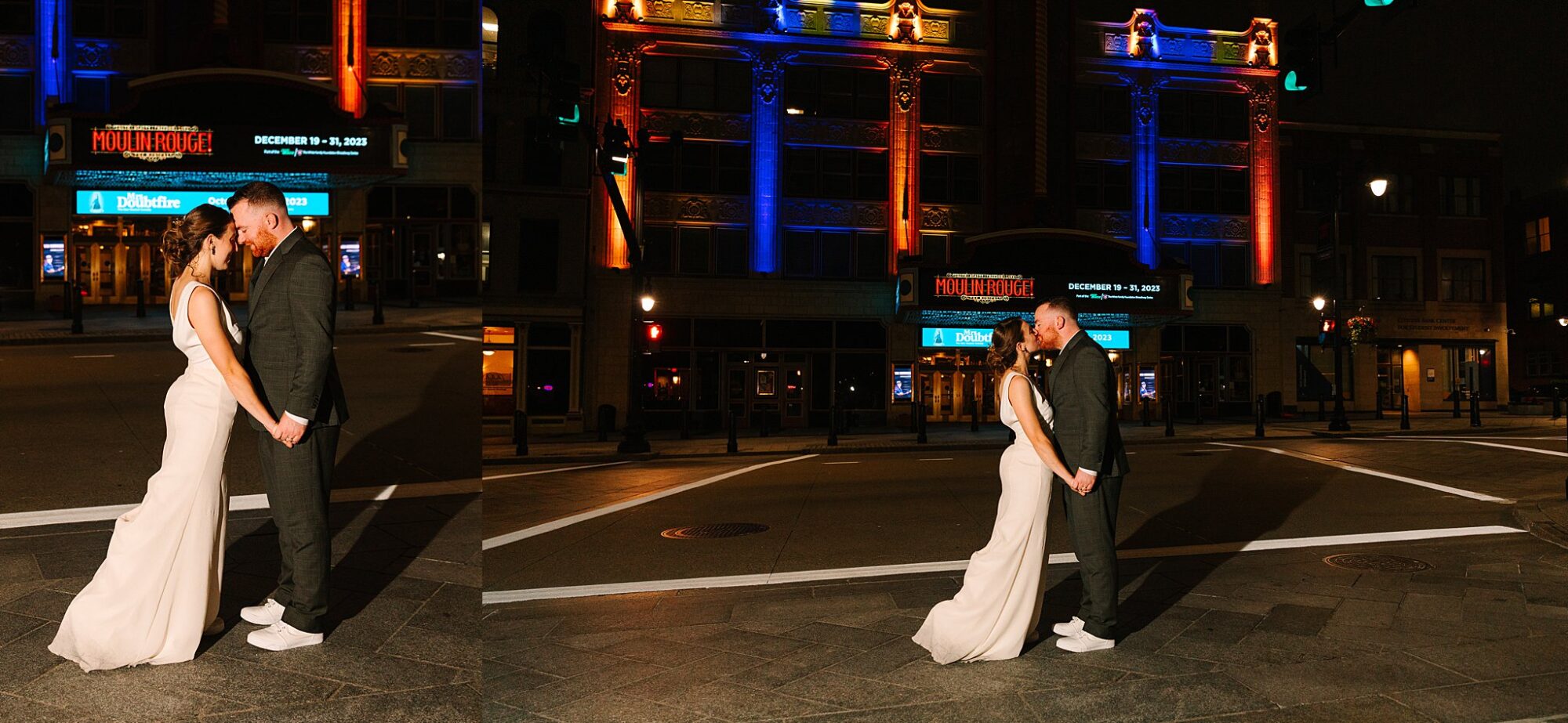 bride and groom kiss in front of providence performing arts center