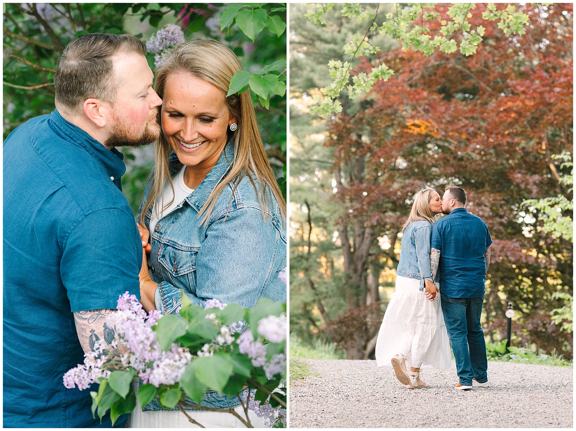 A couple poses outdoors among blooming flowers and lush trees during Arnold Arboretum Lilac Days. In the first image, the man kisses the woman’s cheek as she smiles; in the second, they walk hand in hand down a tree-lined path, gazing at each other.