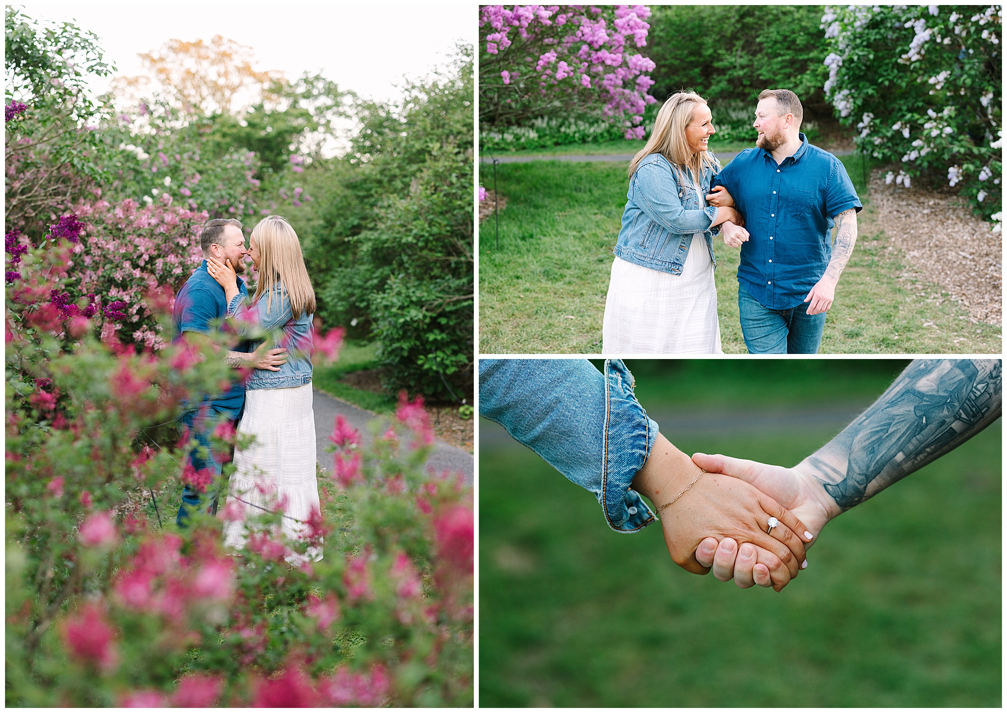 A collage of a couple in a garden: one image shows them hugging among flowering bushes, another shows them walking and laughing, and a close-up shows their hands clasped together, with one person’s arm tattooed.