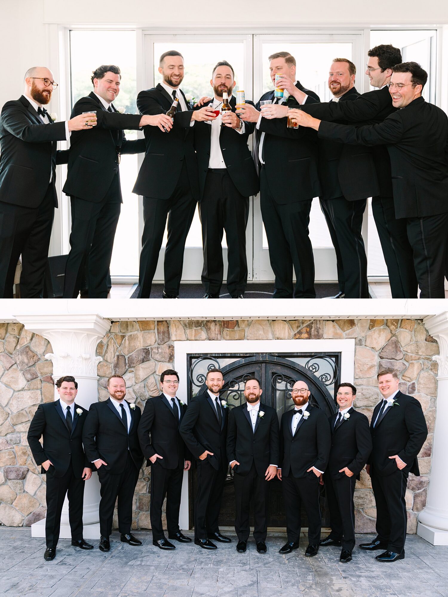 A group of eight men in black suits and ties celebrate together. In the top image, they raise drinks in a toast, and in the bottom image, they stand in a line, smiling in front of a stone wall and ornate door.