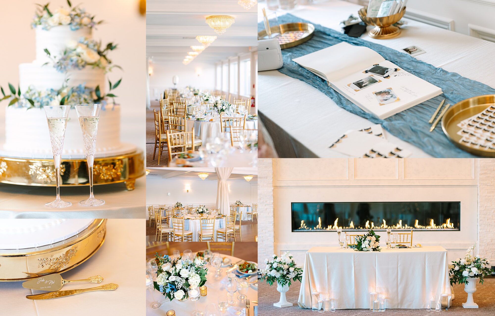 Collage of elegant wedding scenes: a white tiered cake with blue flowers, champagne flutes, gold cutlery, a guestbook table, floral centerpieces, round tables with gold chairs, and a long table by a lit fireplace.