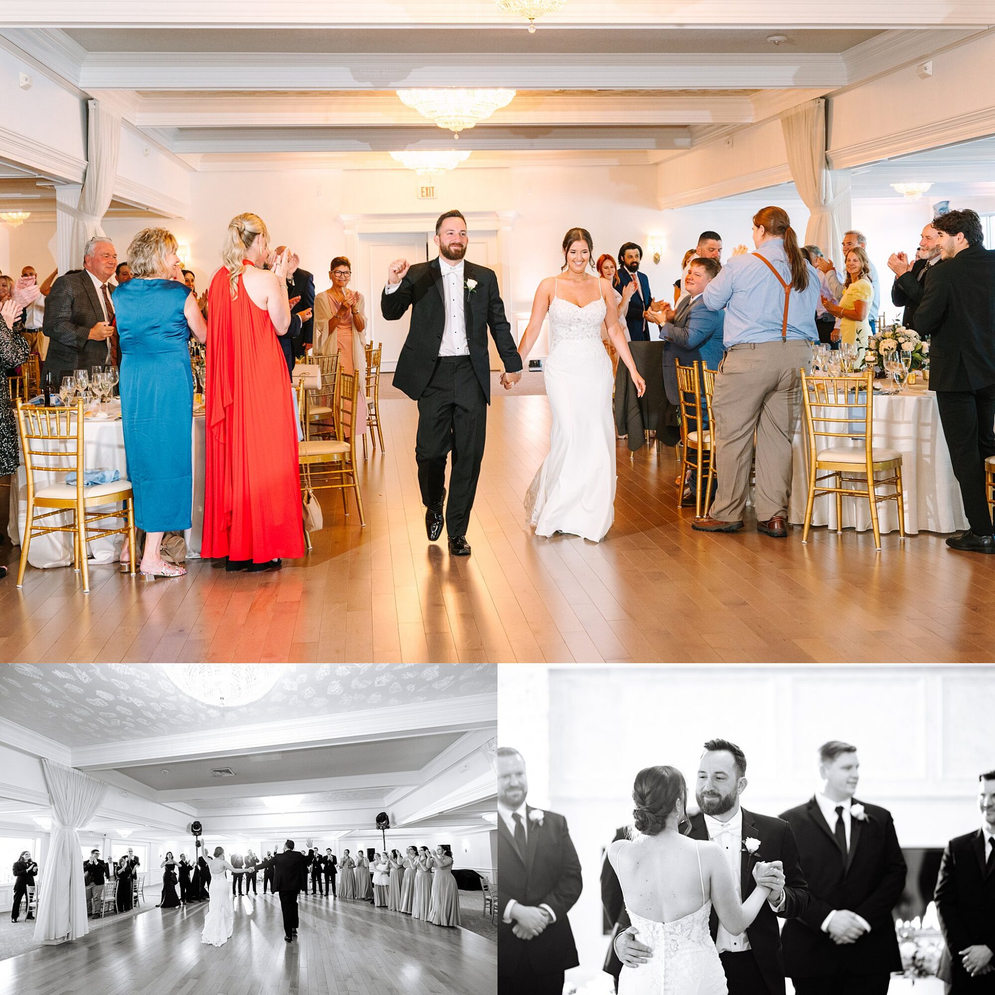 A bride and groom enter a bright reception hall as guests applaud. Below are two smaller photos: one of the wedding party in a line, the other of the couple sharing their first dance together.