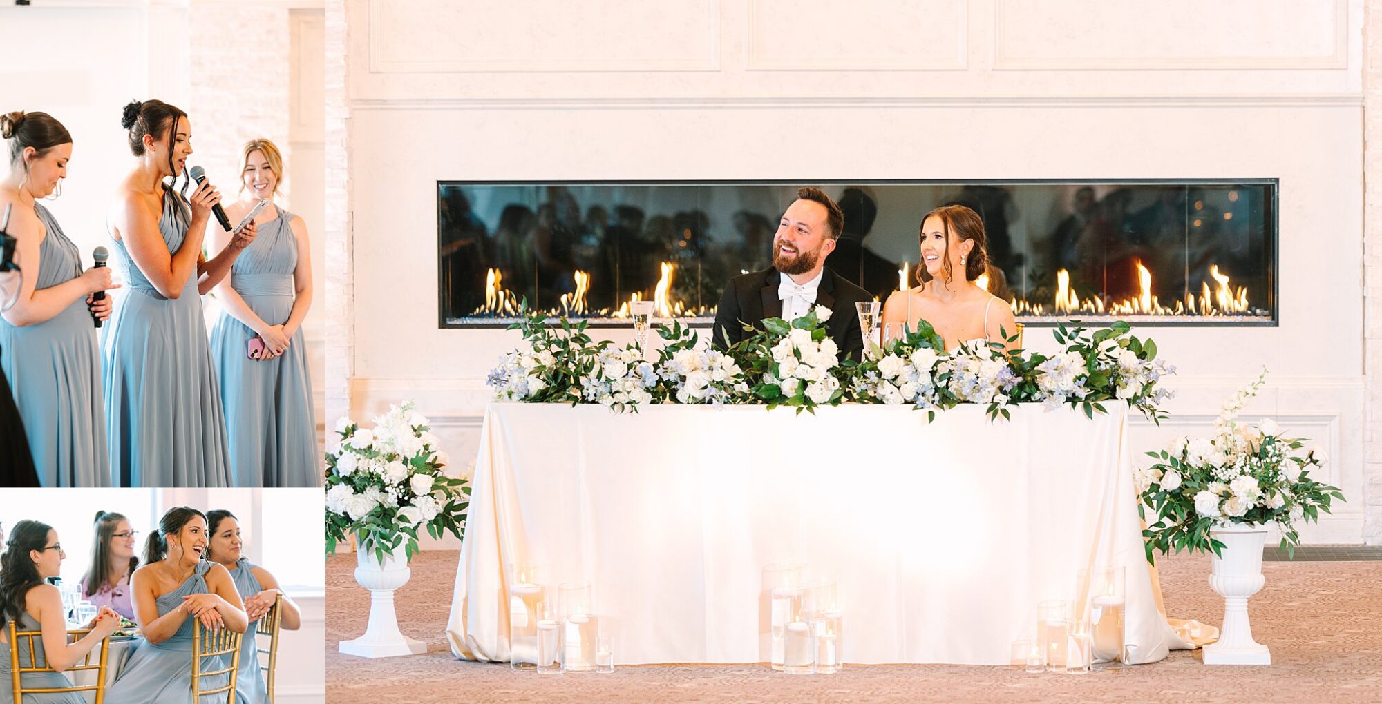 A bride and groom sit smiling at a flower-adorned table in front of a fireplace, while three bridesmaids in blue dresses give a speech using a microphone. Insets show the bridesmaids seated and listening.