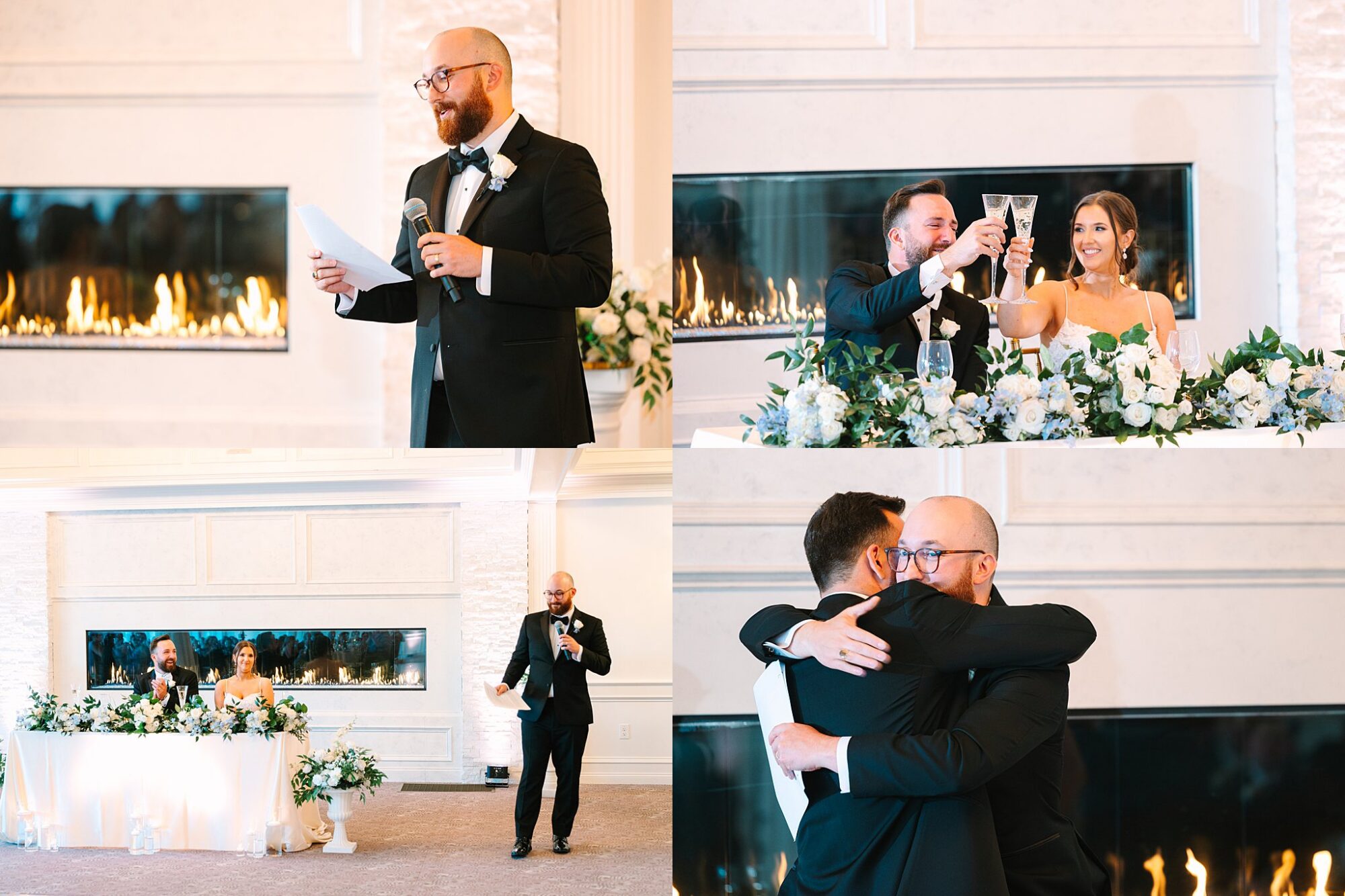 A collage of four wedding reception photos: a man gives a speech, a bride and groom toast at a flower-adorned table, the couple sits together, and the groom hugs the man who gave the speech.