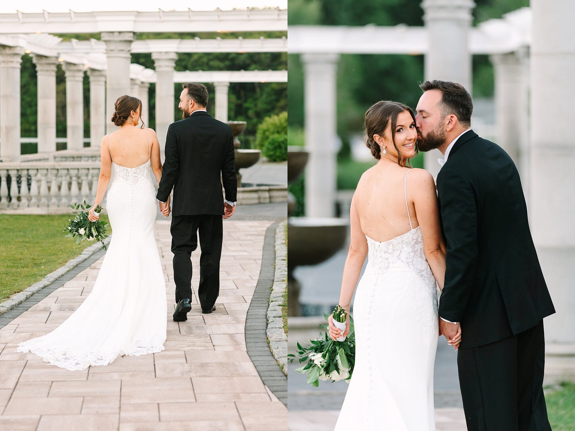 A bride in a white gown and a groom in a black suit walk hand in hand outdoors; in the second image, the groom kisses the brides cheek as she smiles, holding a bouquet. Marble columns and greenery are in the background.