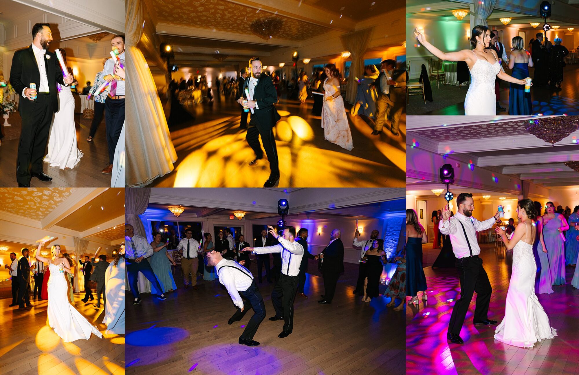 A collage of wedding reception photos showing a bride and groom dancing joyfully together and with guests on a lively, colorful dance floor, surrounded by friends and family in formal attire.