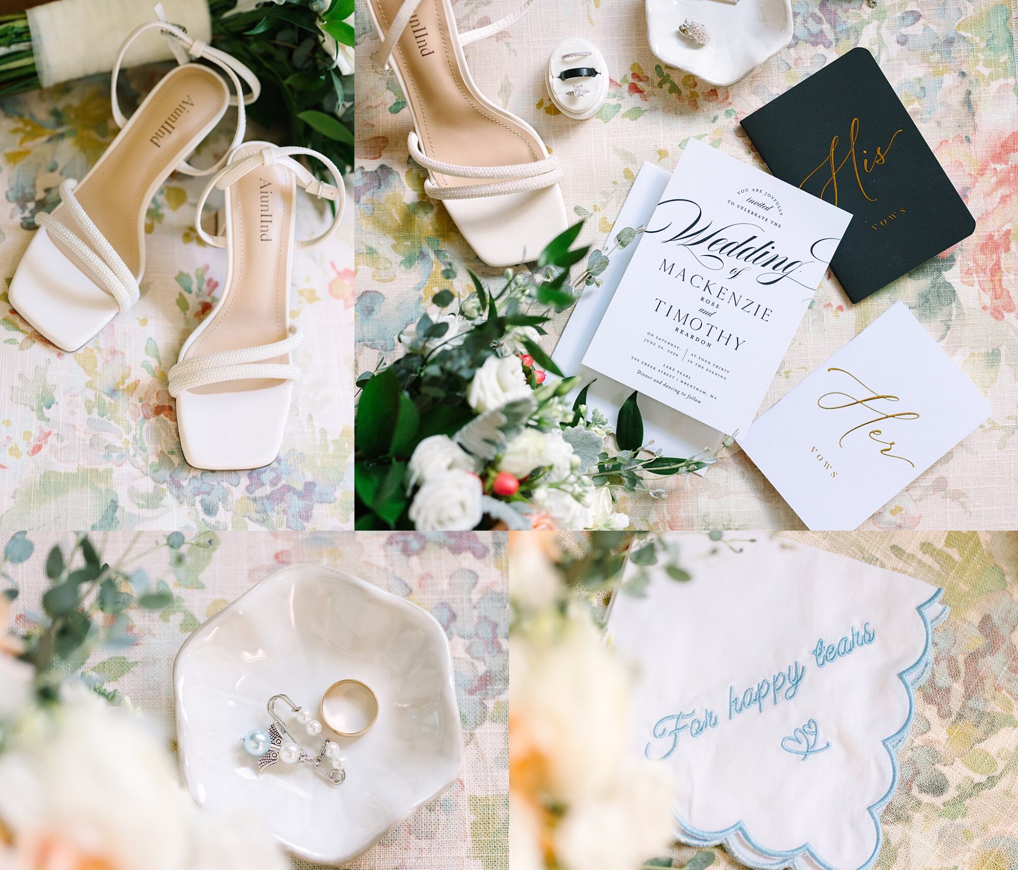 A collage of bridal items, including white heeled sandals, wedding invitations, a gold “His” booklet, a jewelry dish with rings, a bouquet, and a handkerchief embroidered with “For happy tears.”.