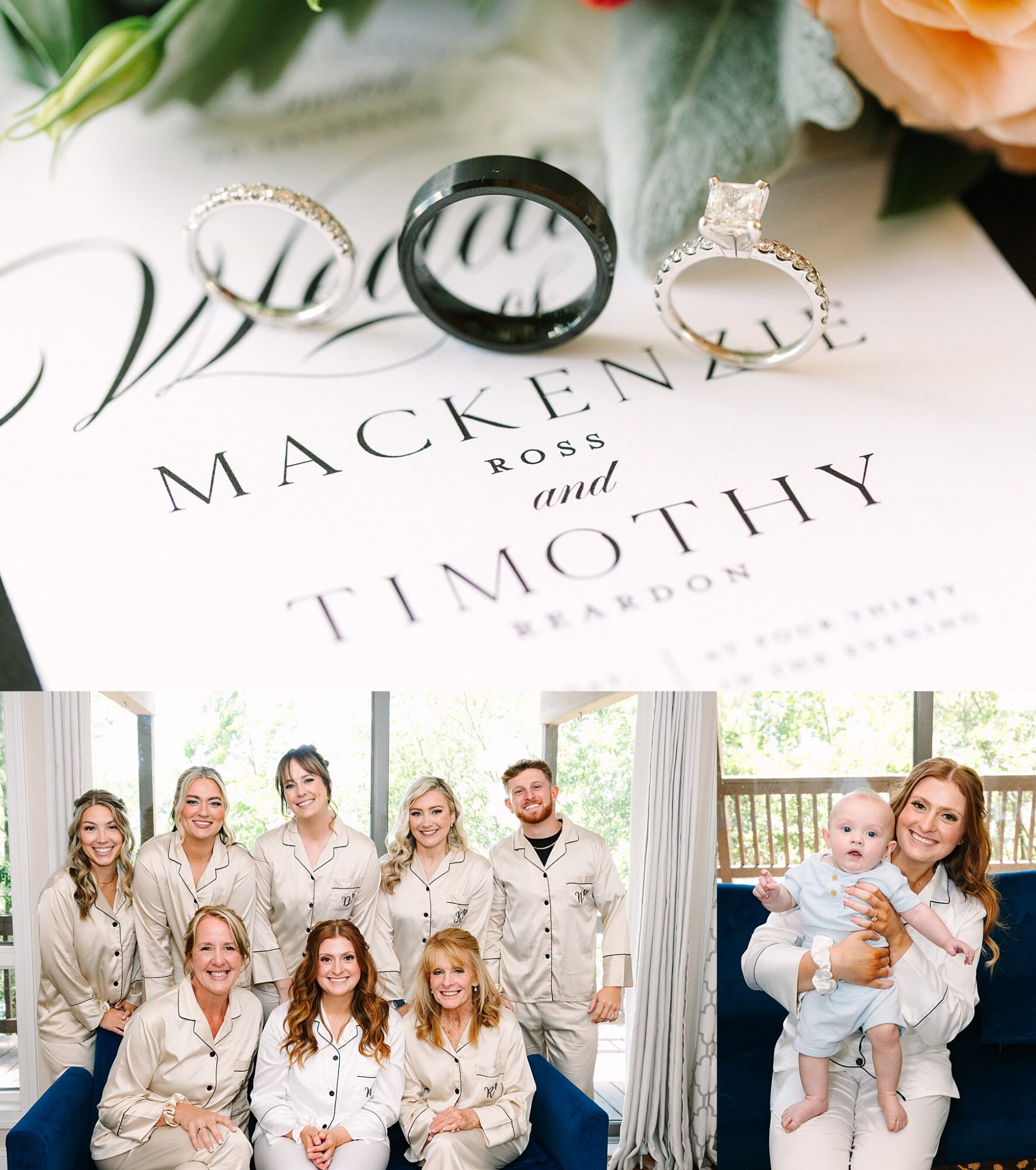 Three wedding rings rest on an invitation for Mackenzie Ross and Timothy Reardon. Below, a group of women in matching pajamas pose together, and a woman holds a baby while smiling at the camera.