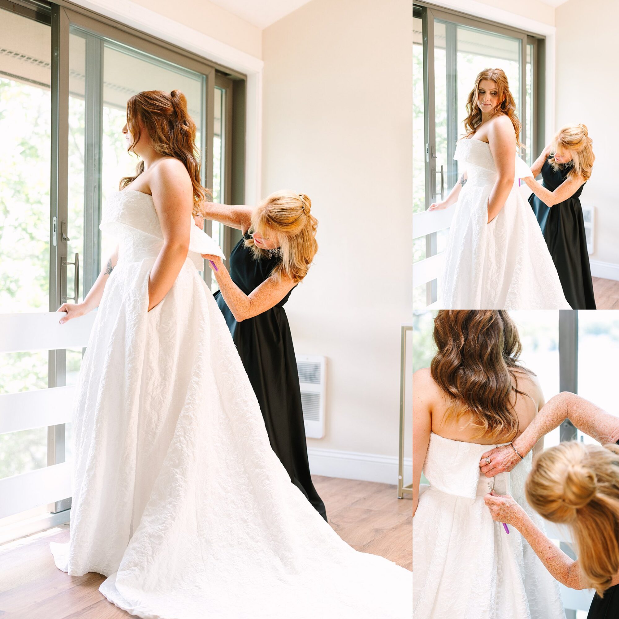A bride in a white gown stands by a window as a woman in a black dress helps fasten the back of her dress. Three images show different angles of the scene in a bright, airy room.