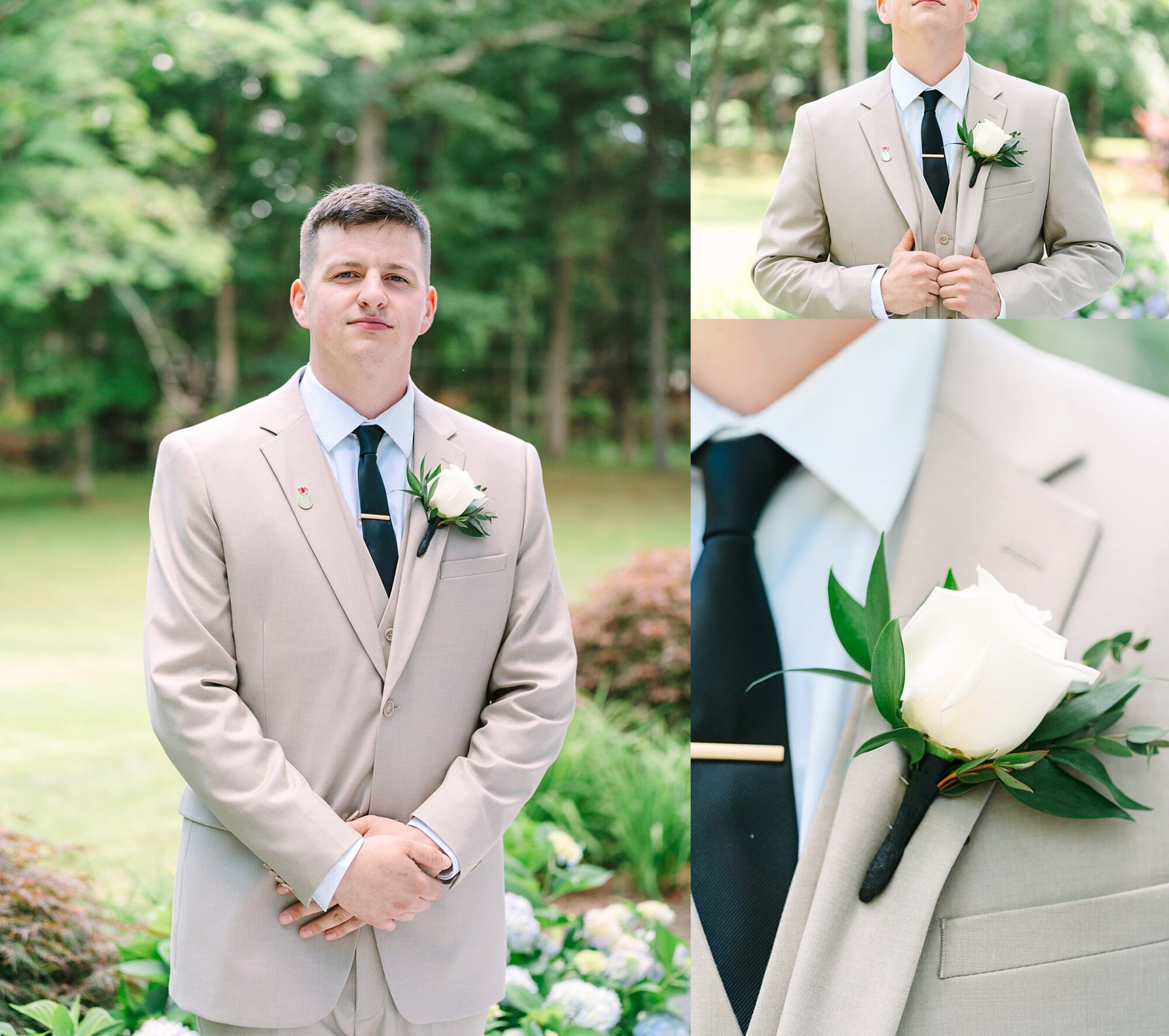 A man in a beige suit with a white rose boutonnière stands outdoors, hands clasped. Two close-up images show his boutonnière and him adjusting his jacket. Lush green trees are in the background.