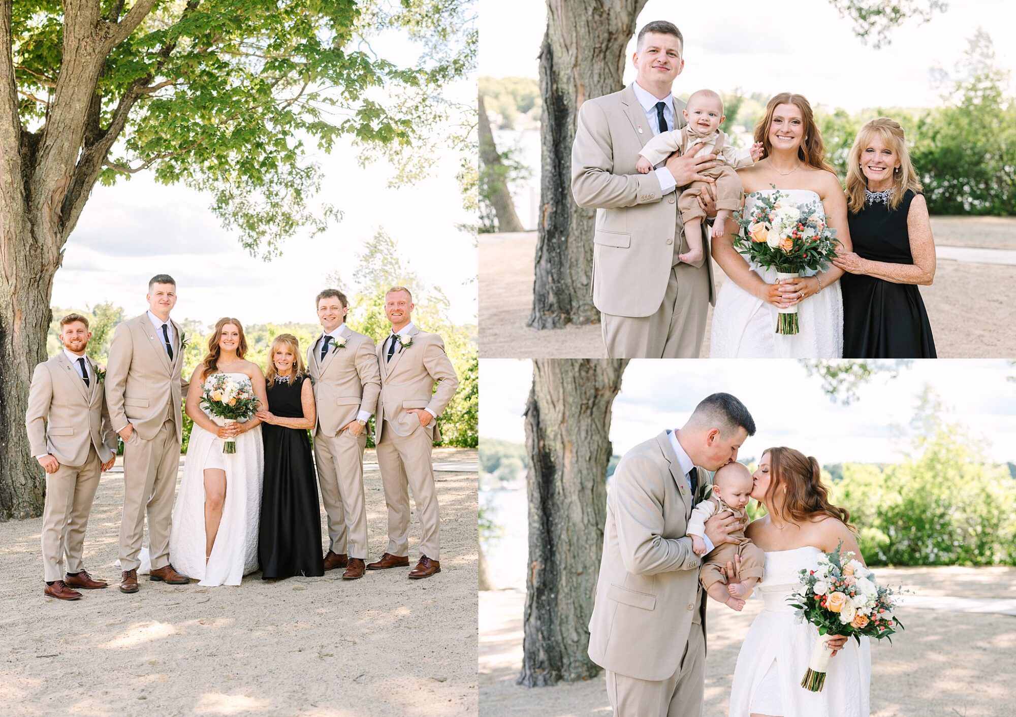 A wedding party poses outdoors by trees and water. The bride in white holds a bouquet, standing with four men in tan suits and a woman in a black dress. Two close-ups show the bride, groom, and a baby.
