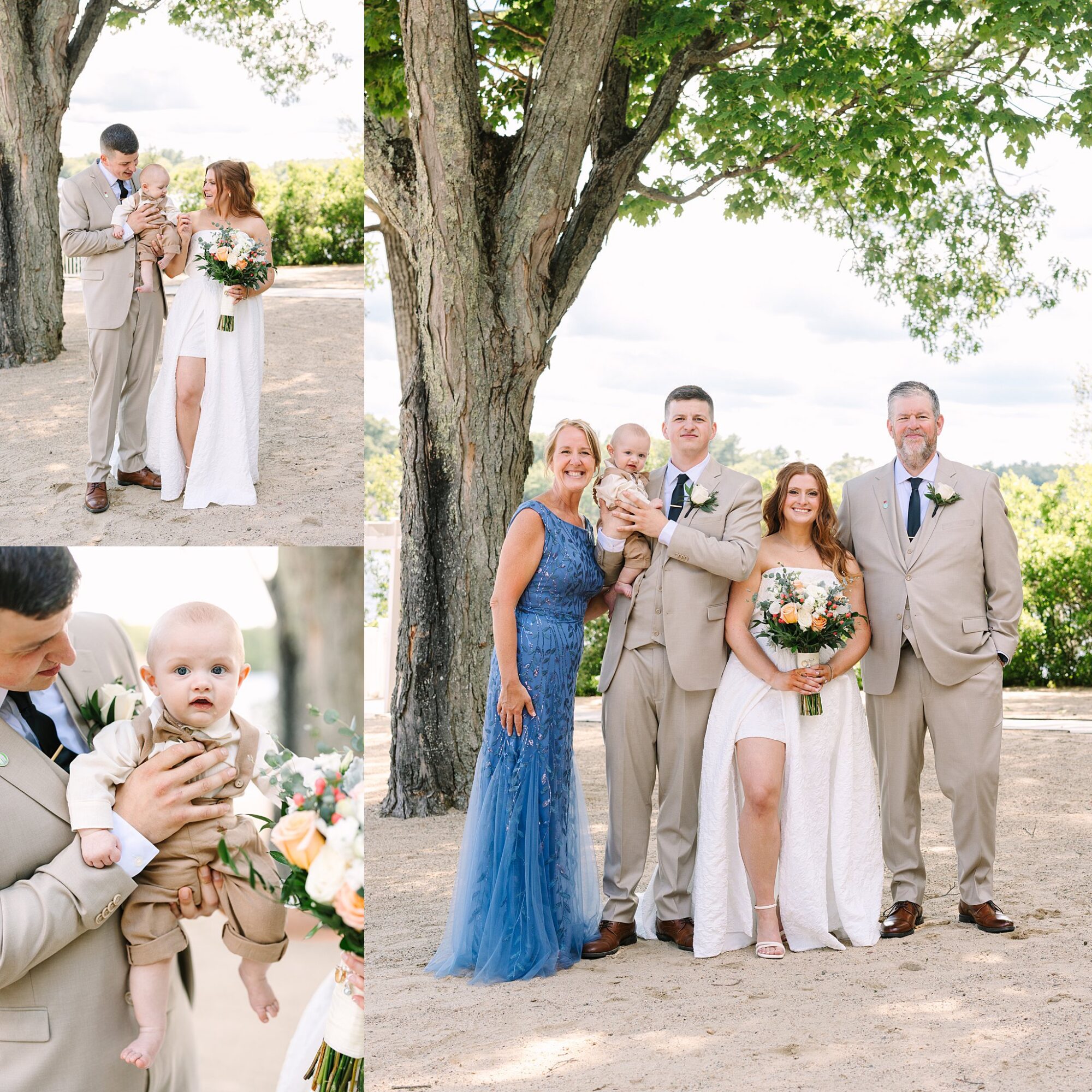 A family poses outdoors at a wedding. The central image shows a couple holding a baby, flanked by a man in a tan suit and a woman in a blue dress; smaller images show close-ups of the couple with the baby.
